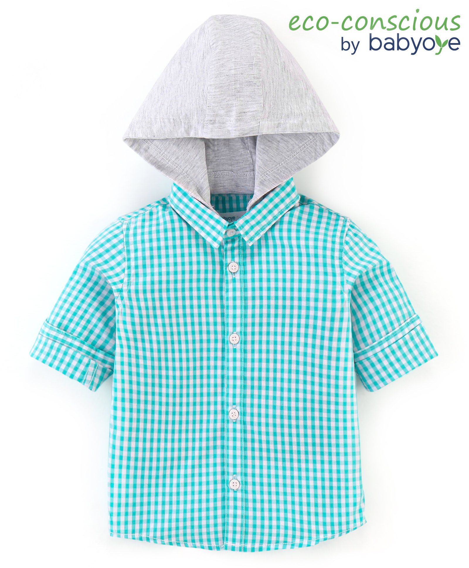 Babyoye 100% Cotton Full Sleeves Check Shirt With Detachable Hood - Green & White-image-27