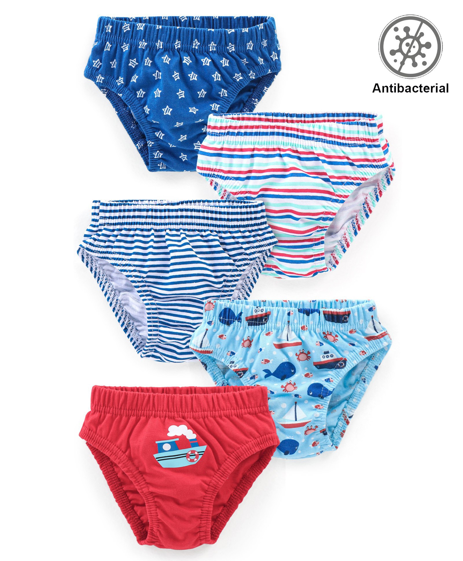 Babyhug 100% Cotton Antibacterial Briefs Striped & Ship Printed Pack of 5 - Multicolour-image-30