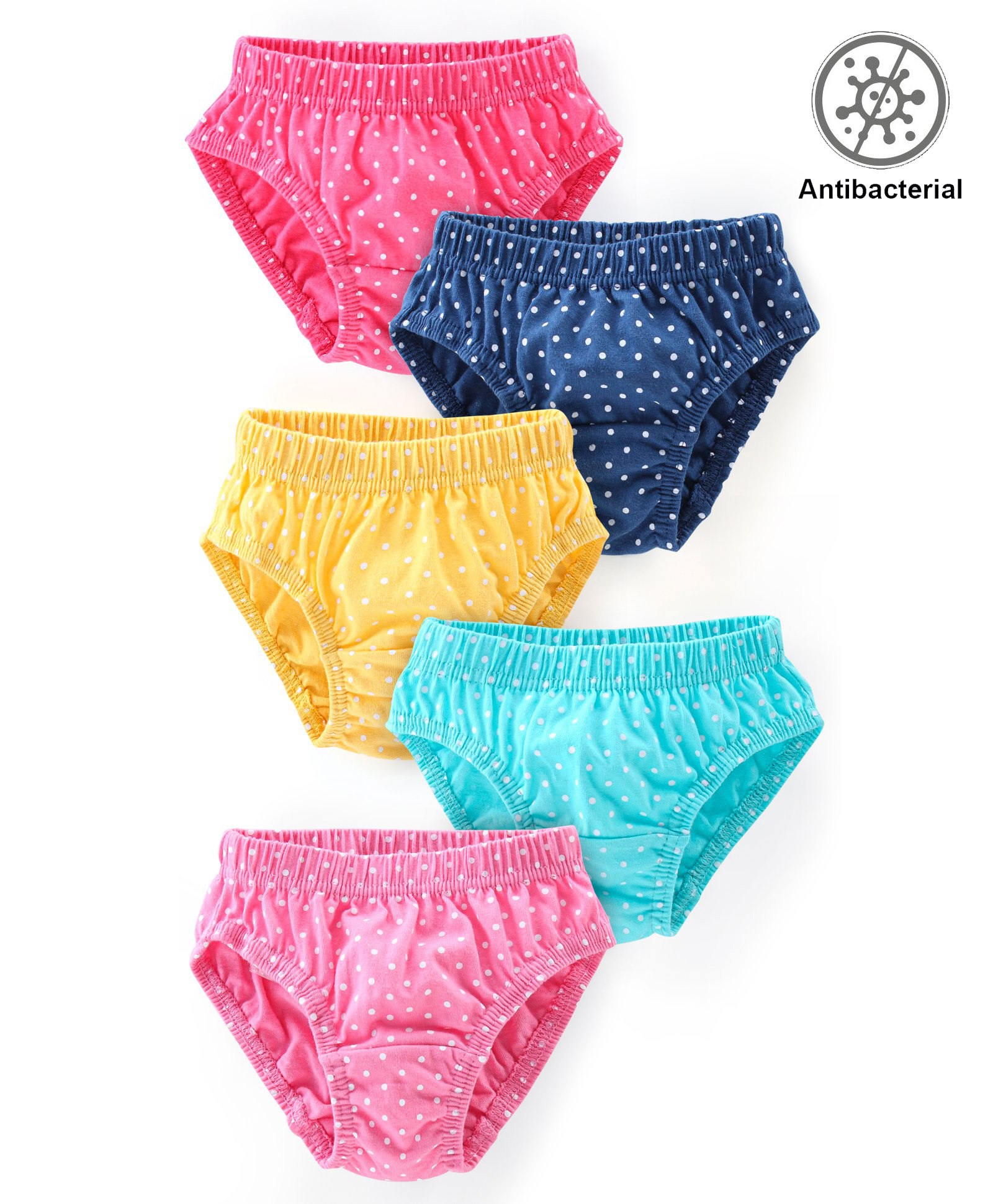Babyhug 100% Cotton Antibacterial Panties Polka Dot Print Pack of 5 - Pink Blue & Yellow-image-13