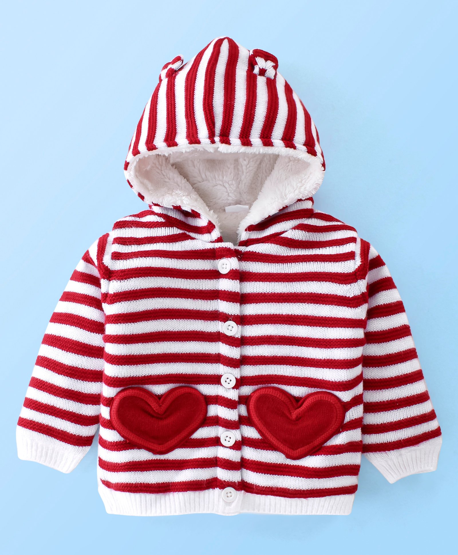 Babyhug Woven Full Sleeves Hooded Jacket With Striped - Red & White-image-43