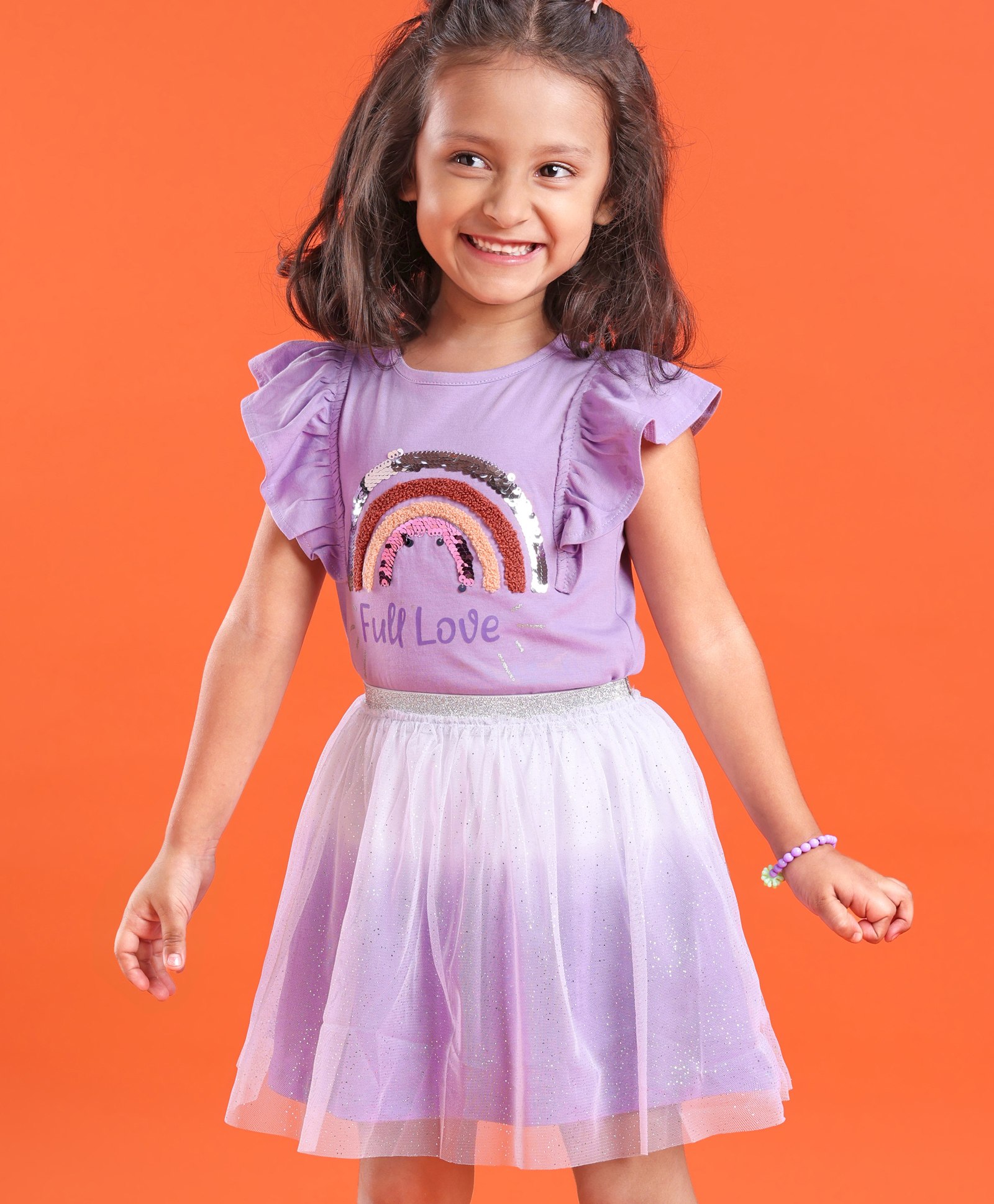 Babyhug 100% Cotton Knit Frill Sleeves Top & Skirt Set Rainbow Sequins - Lilac-image-24