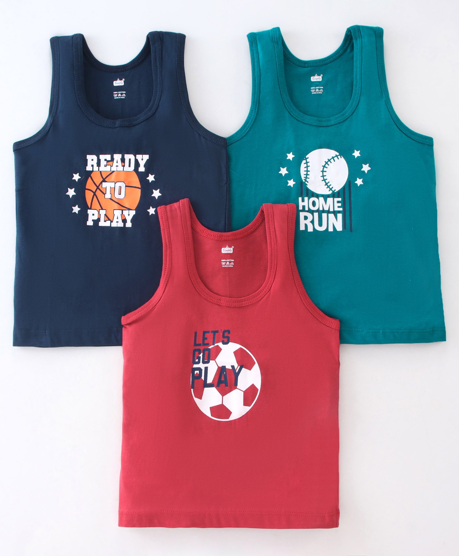 Simply Sinker Sleeveless Vests Combo 2 Ball & Text Print Pack of 3 - Black Red  & Green-image-37