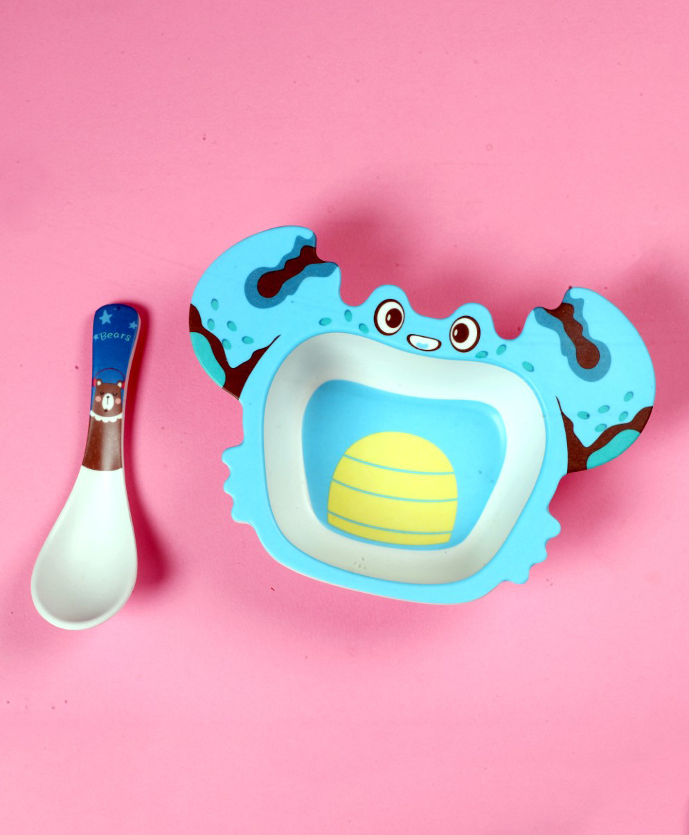 Mihar Essentials Bamboo Fibre Feeding Bowl with Spoon Crab Shape (Color & Print May Vary)-image-10