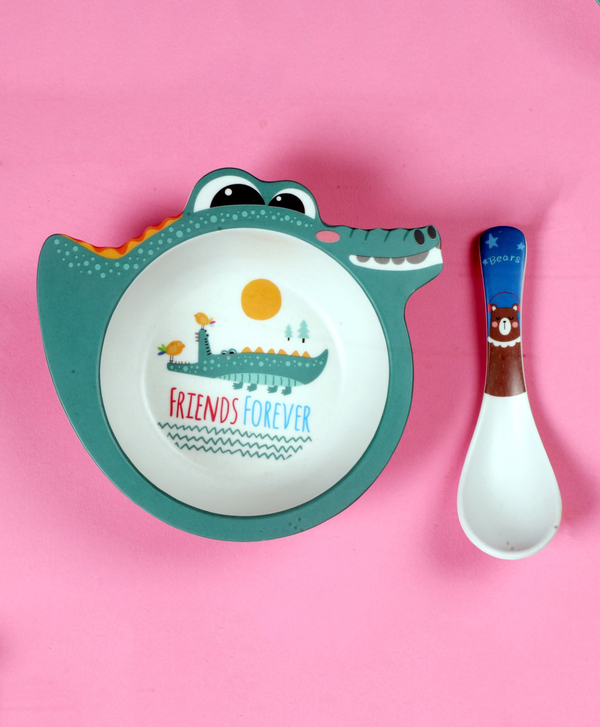 Mihar Essentials Bamboo Fibre Feeding Bowl with Spoon Crocodile Shape (Color & Print May Vary)-picture-27