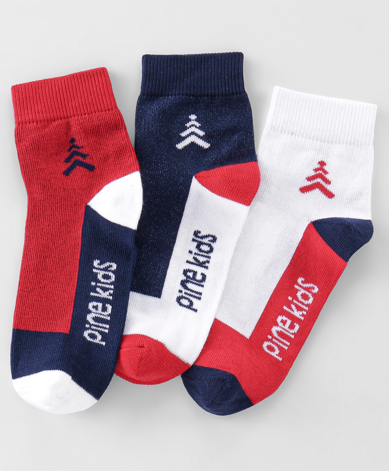 Pine Kids High Ankle Length Socks Logo Print Pack Of 3 - Navy Blue Red & White-image-40
