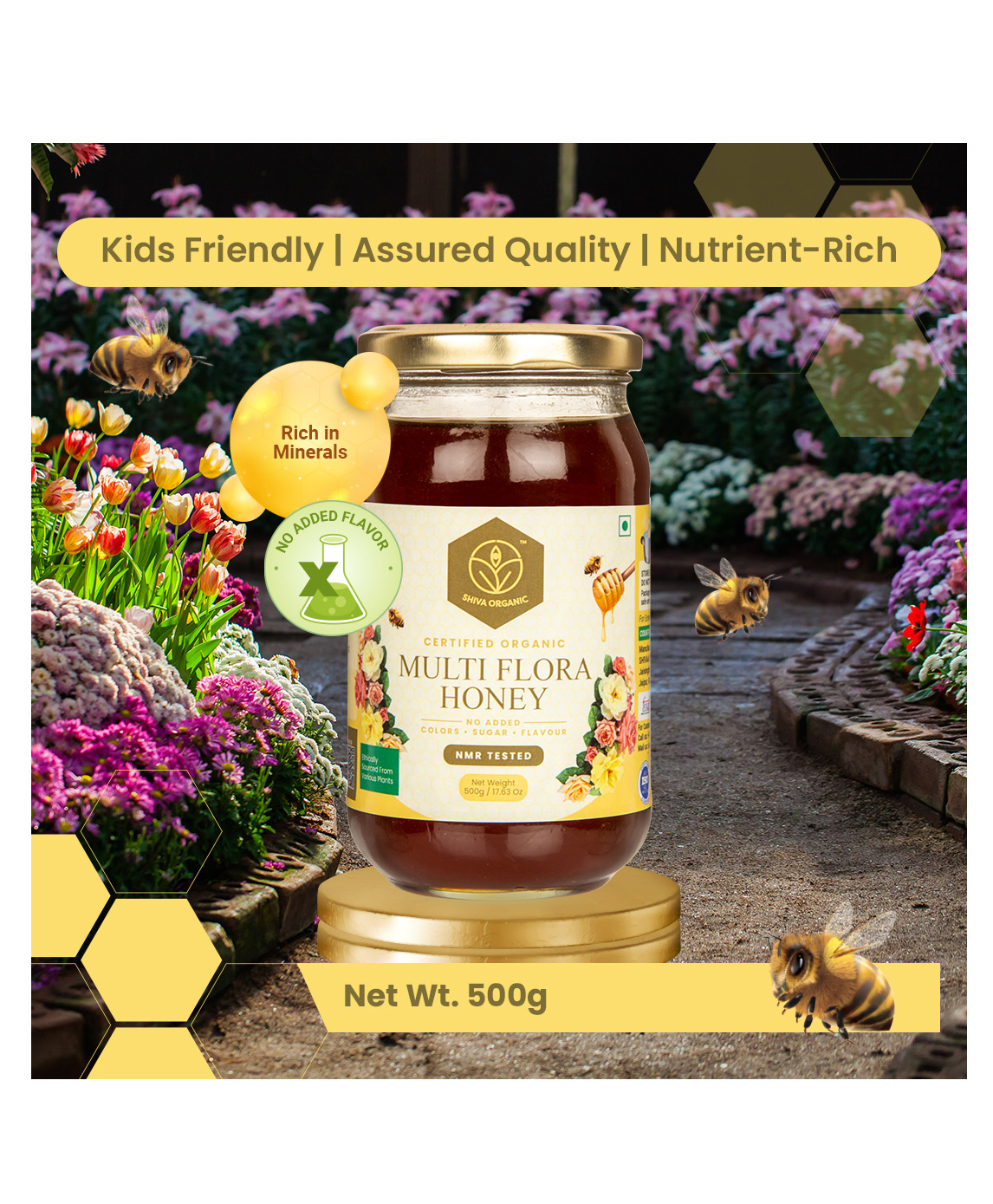 Shiva Organic Multi Flora Honey NMR Tested 100% Natural Healthy and Pure No Added Sugar Flavour & Color - 500 g-image-4
