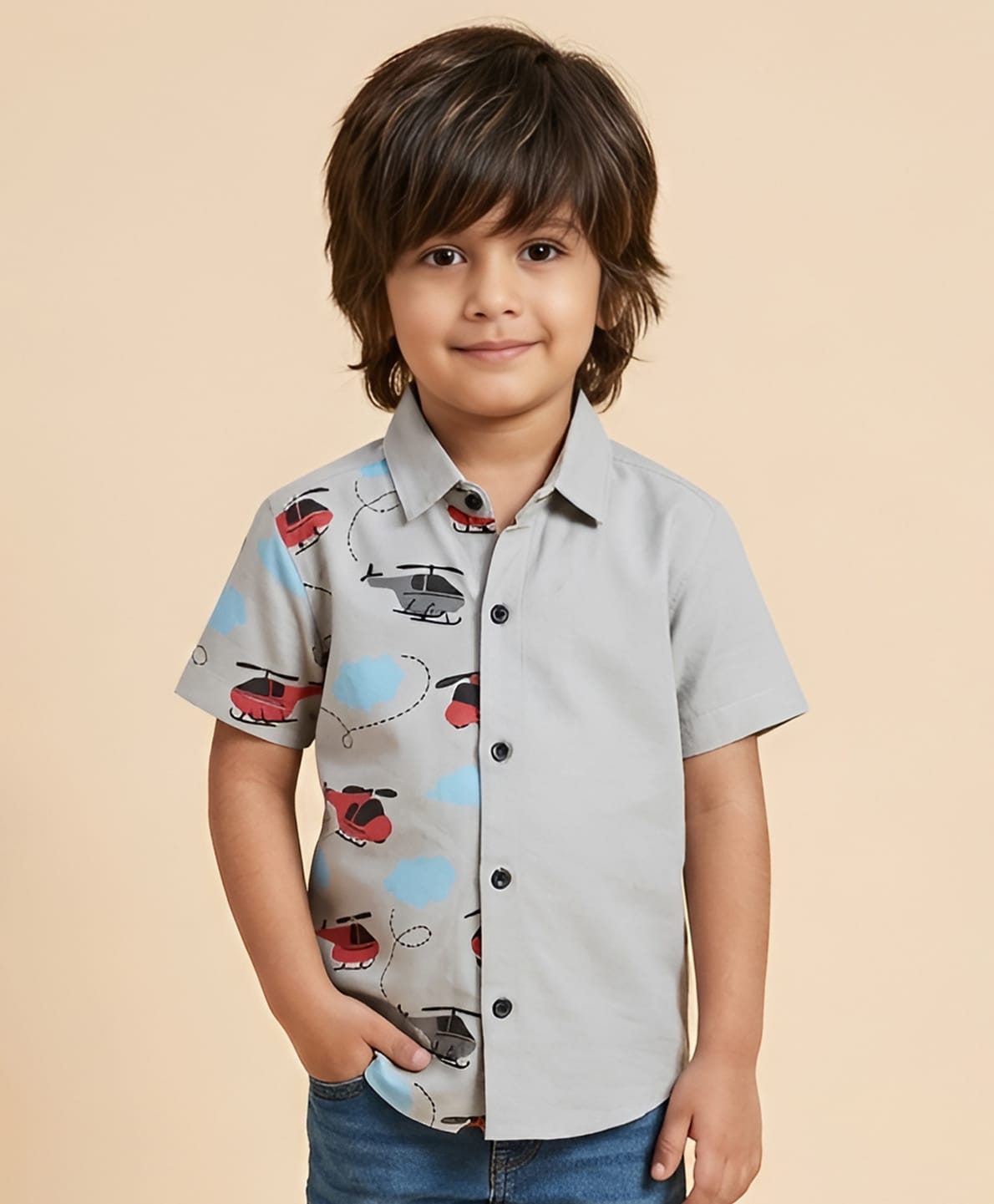 Polka Tots Half Printed Helicopter Sky Theme Printed Shirt - Grey-image-49