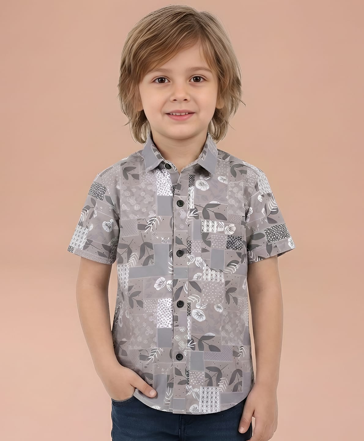 Polka Tots Half Sleeve Floral Printed Shirt - Grey-picture-24
