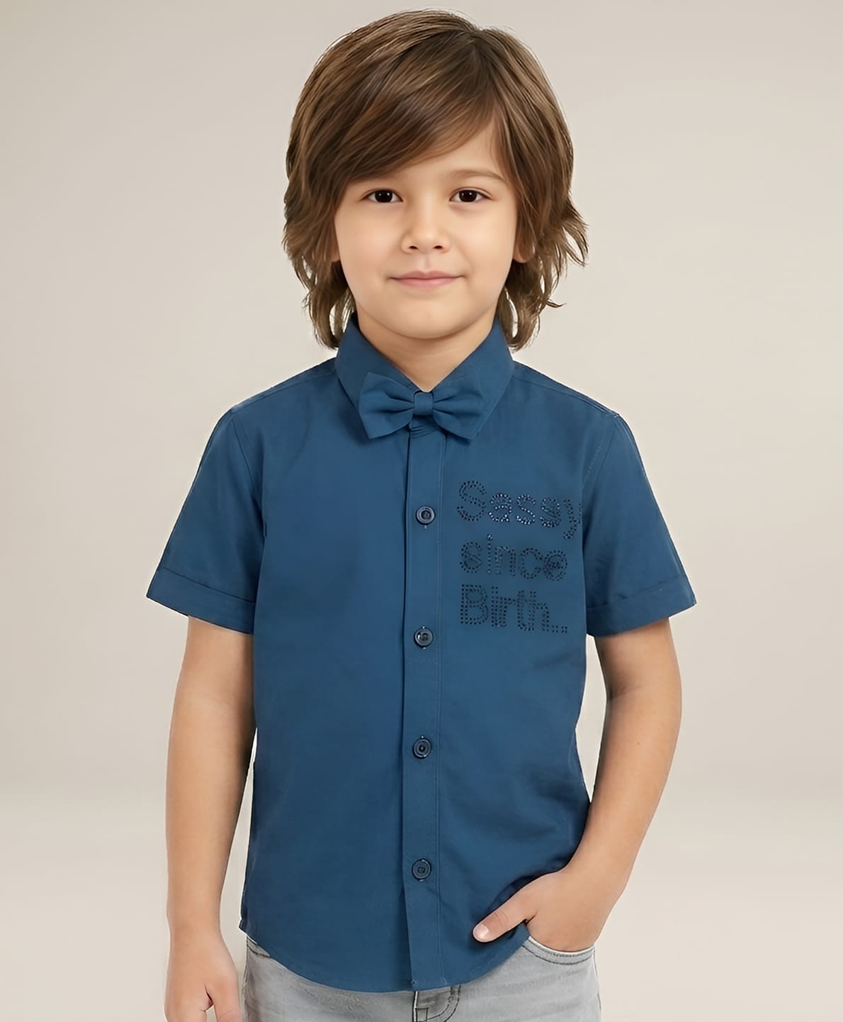 Polka Tots Cotton Regular Fit Sassy Since Birth Dimaonds Embellished Bow Appliqued Party Shirt - Navy Blue-image-28