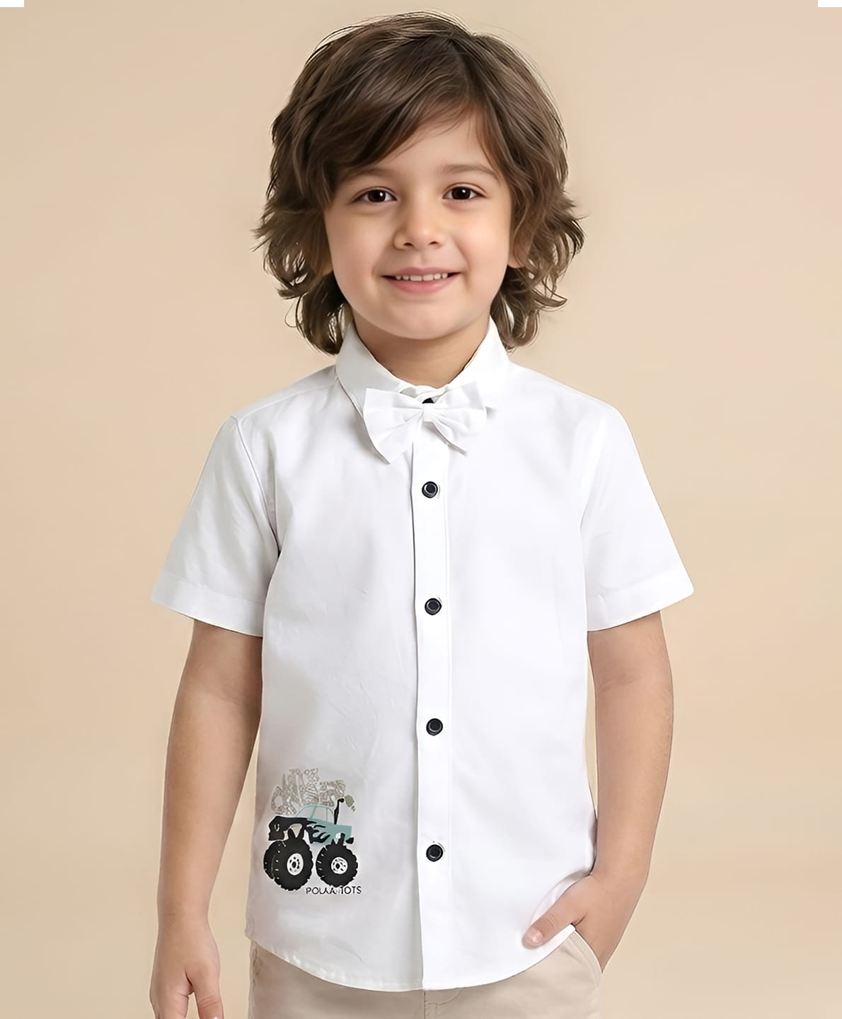 Polka Tots Cotton Regular Fit Little Crusher Printed & Diamond Embellished Bow Appliqued Shirt - White-image-3