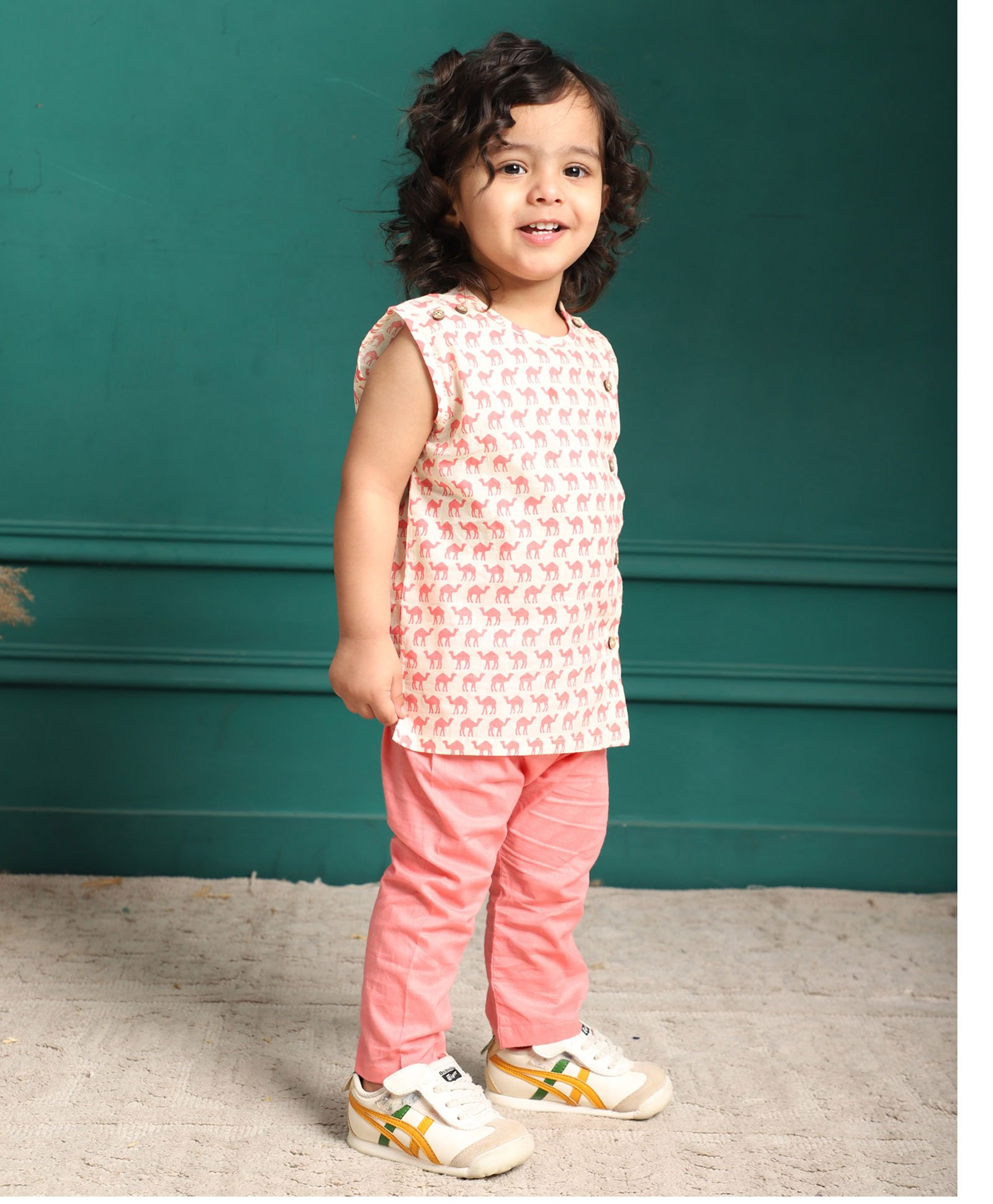 Polka Tots 100% Super Soft Cotton Sleeveless Camel Printed Jhabla Pants Set - White & Pink-image-25