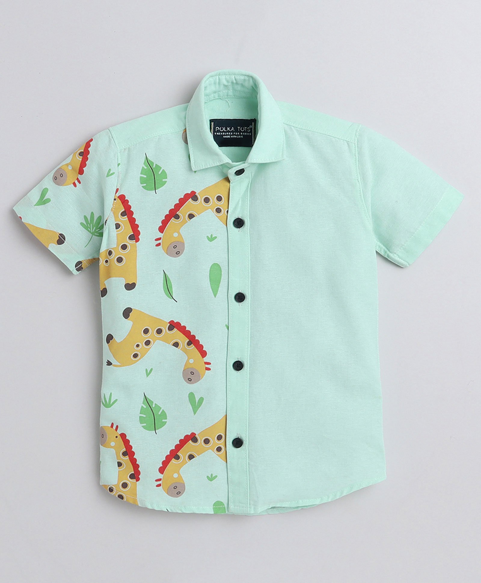 Polka Tots Half Sleeves Giraffe Printed Animal Forest Theme Shirt - Sea Blue-image-25