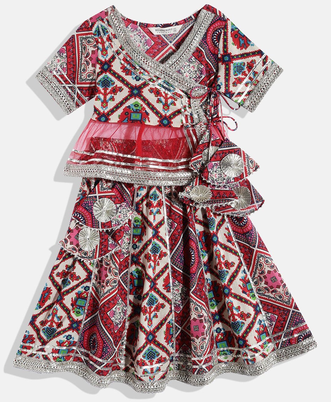 READIPRINT Half Sleeves Seamless Elephant Motif Block Detailed Patola Printed Choli With Coordinating Gota Lace Embellished Lehenga - Red-image-45