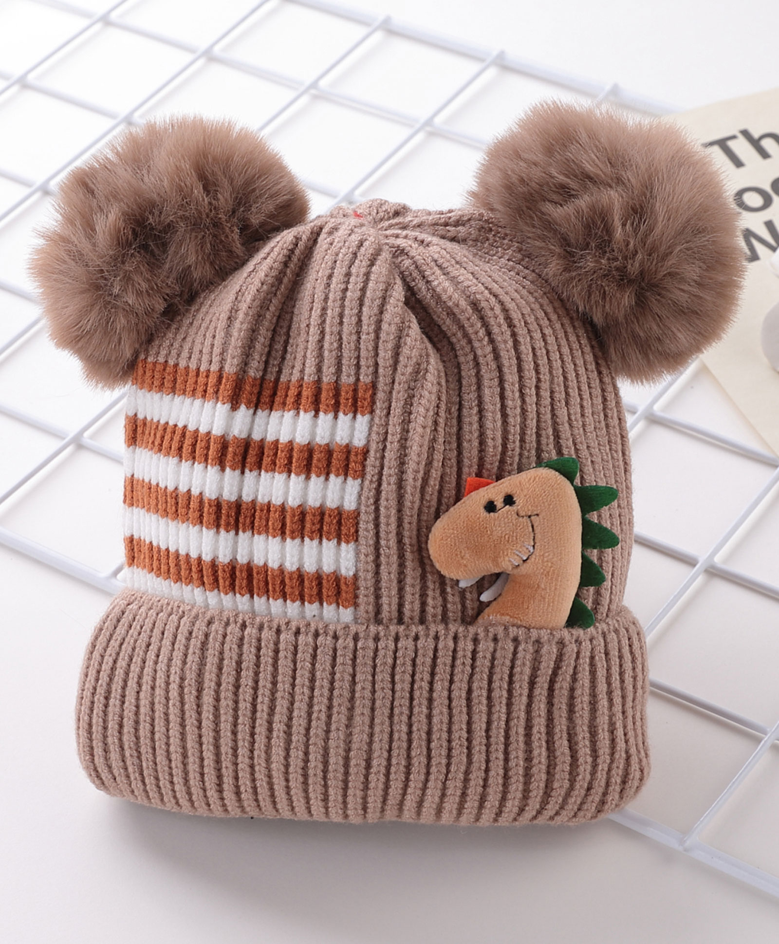 Babyhug Pom Pom Acrylic Woolen Cap Dino Design - Brown-image-28