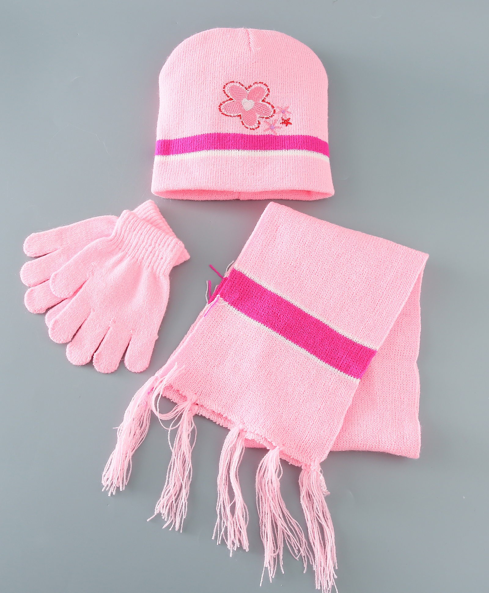 Babyhug Woollen Floral Design Caps & Gloves Set With Muffler - Pink-picture-27