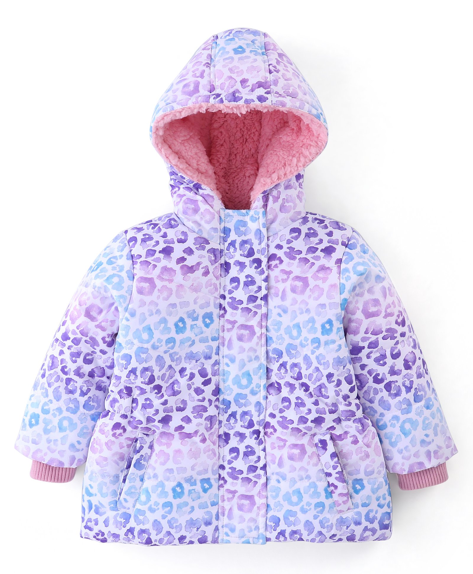 Babyhug Full Sleeves Woven Hoodie Leopard Print - Purple Blue & White-picture-15