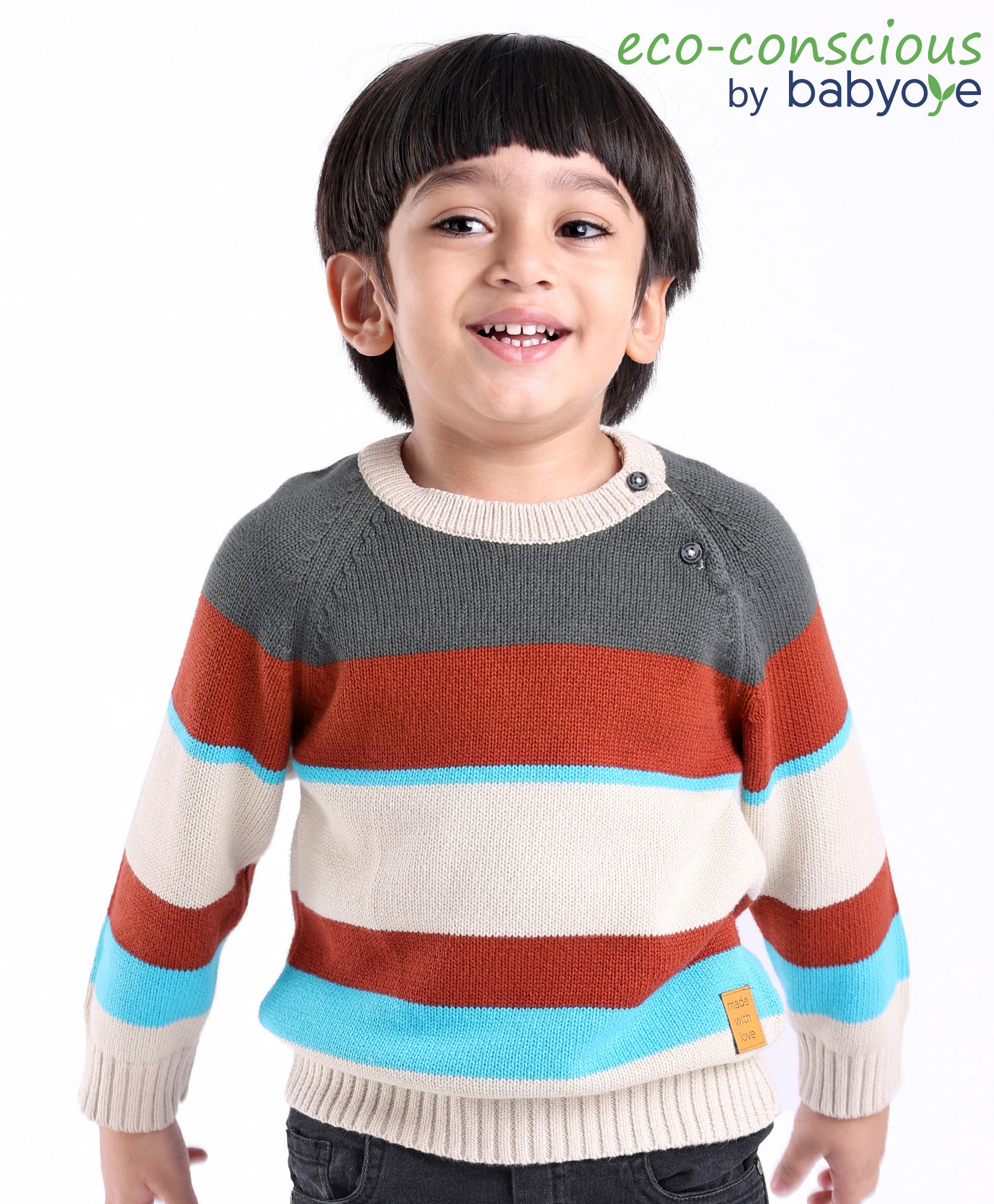Babyoye 100% Cotton Dyed Full Sleeves Sweater Stripes Design- Grey Red & White-picture-42
