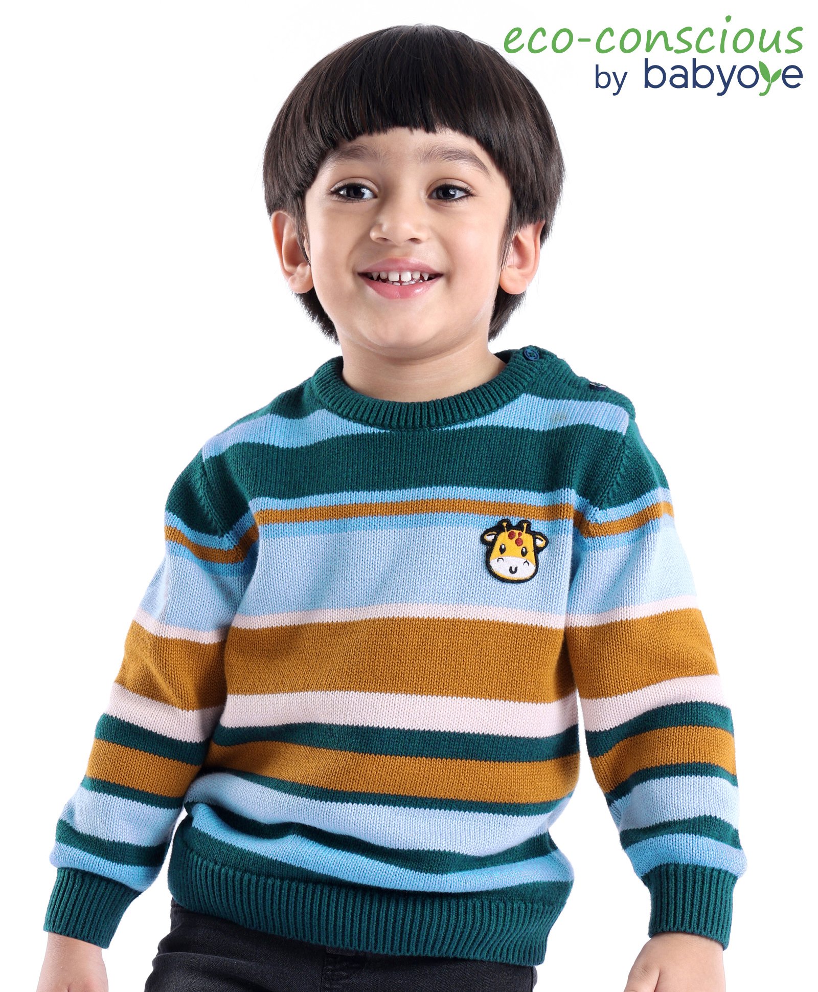 Babyoye 100% Cotton Full Sleeves Sweater With Giraffe Badge Stripes Design- Blue & Brown-picture-31