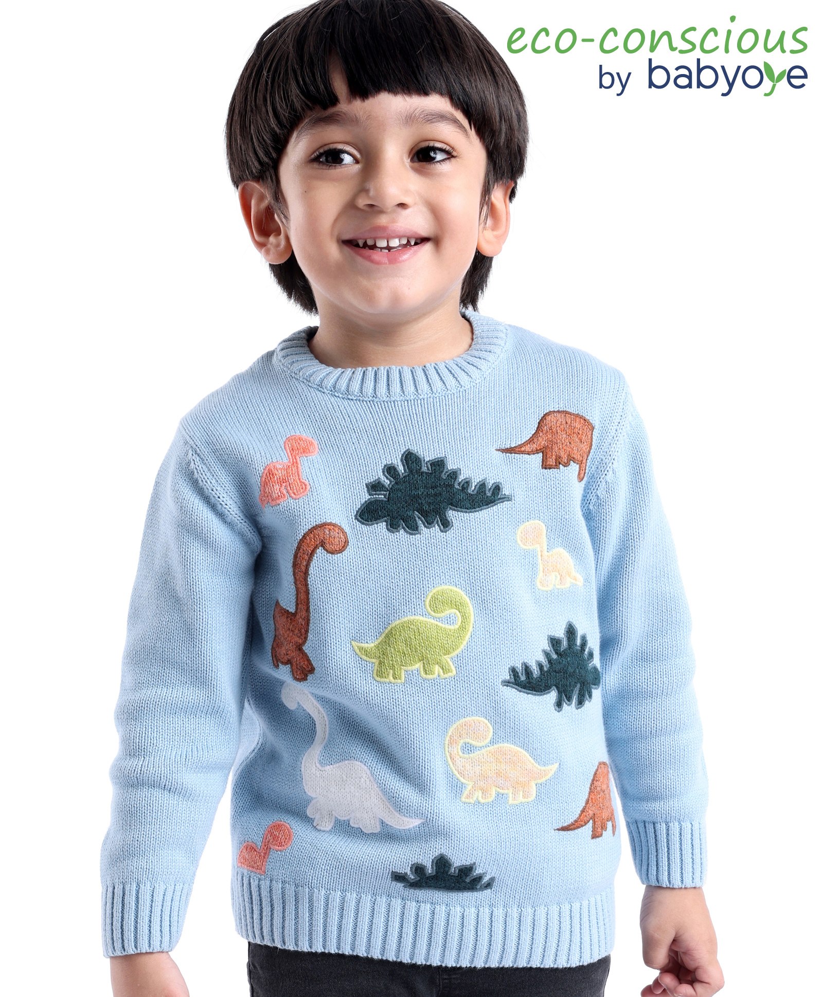 Babyoye 100% Cotton Solid Dyed Full Sleeves Pullover Dino Design - Blue-image-36