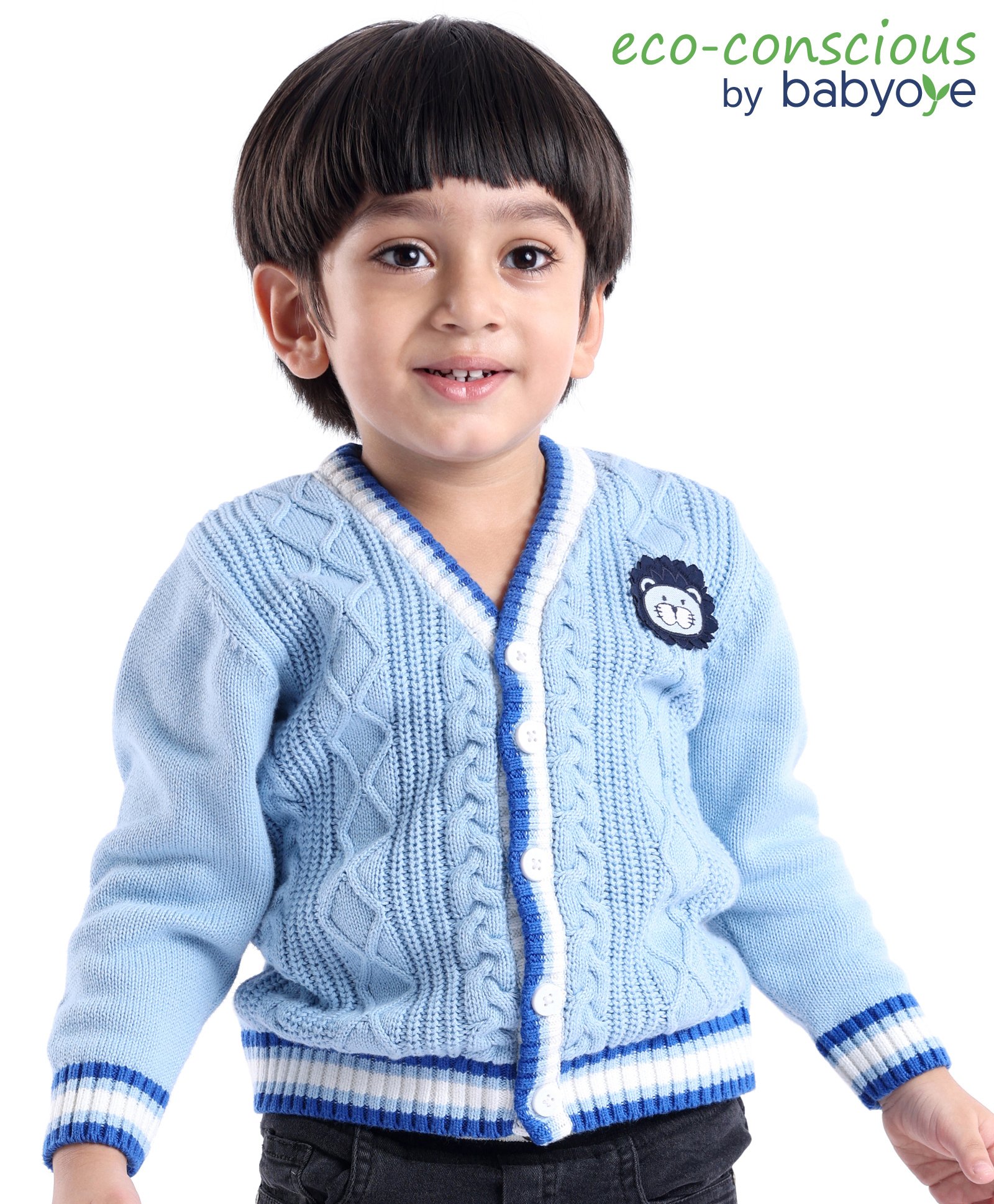 Babyoye 100% Cotton Solid Dyed Full Sleeves Cable Knit Front Open Sweater with Lion Patch - Blue-image-39