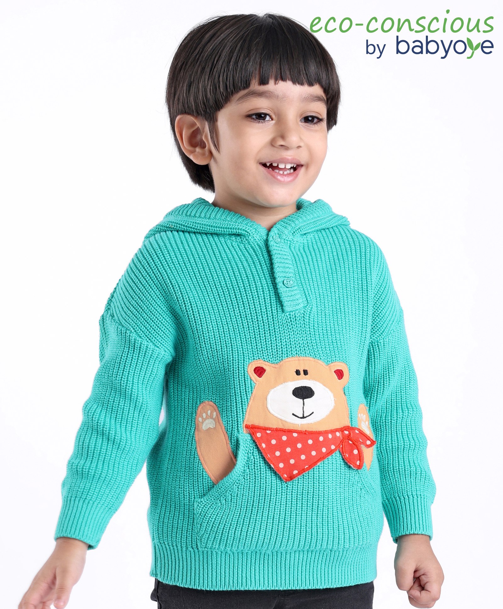 Babyoye 100% Cotton Solid Dyed Full Sleeves Hooded Sweaters Teddy Patch - Green-picture-17