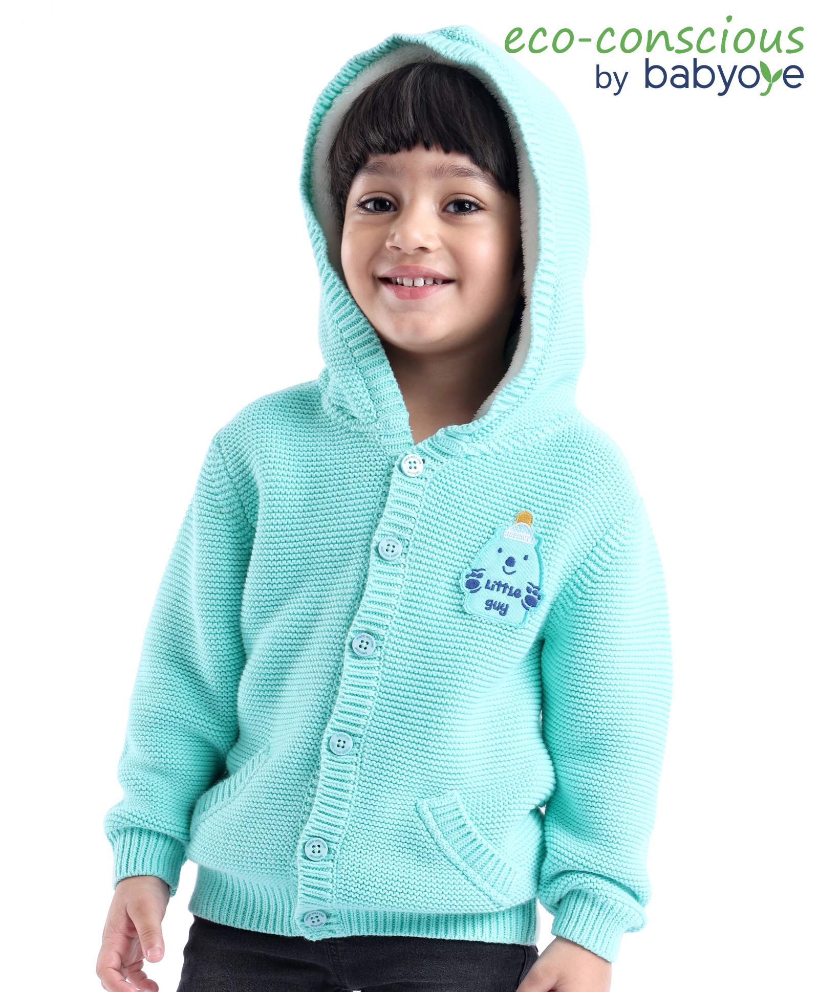 Babyoye 100% Cotton Solid Dyed Full Sleeves Hooded Front Open Sweater with Bear Patch - Blue-image-18