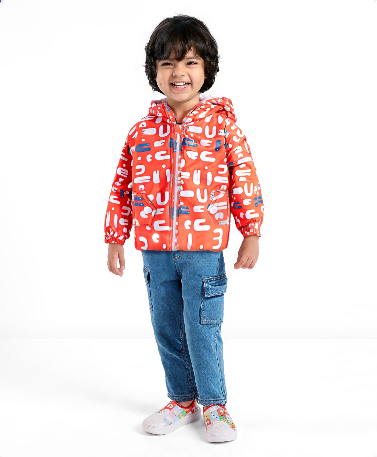 Babyoye Inner Sherpa Lined Full Sleeves Hooded Jacket With Shapes Print - White & Orange-image-45