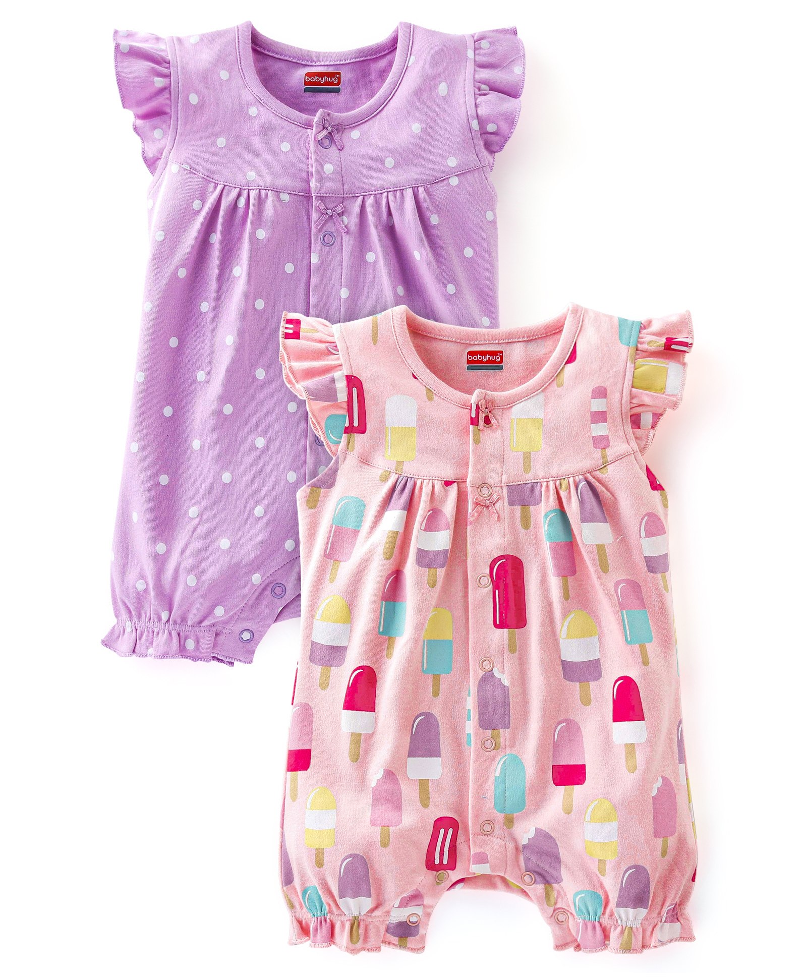 Babyhug 100% Cotton Frill Sleeves Romper Dot & Popsicle Print Pack of 2- Pink & Purple-image-46