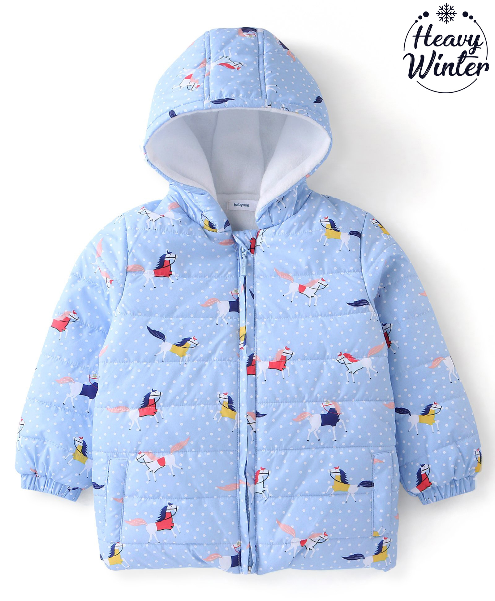 Babyoye Full Sleeves Horse Printed Padded Hooded Jacket - Light Blue-picture-20