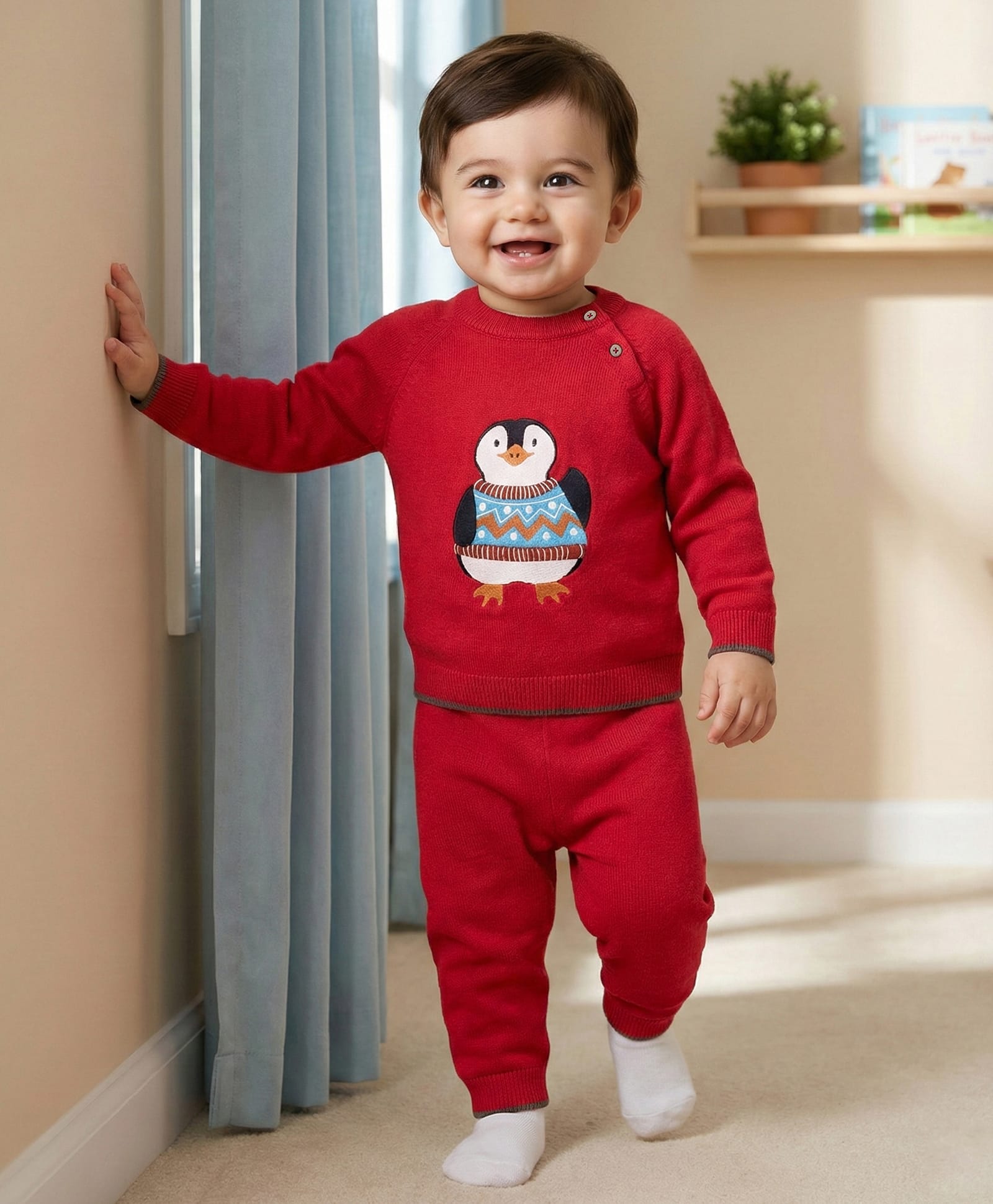 Babyoye 100% Cotton Solid Dyed Full Sleeves Sweater Set with Penguin Design - Red-image-23