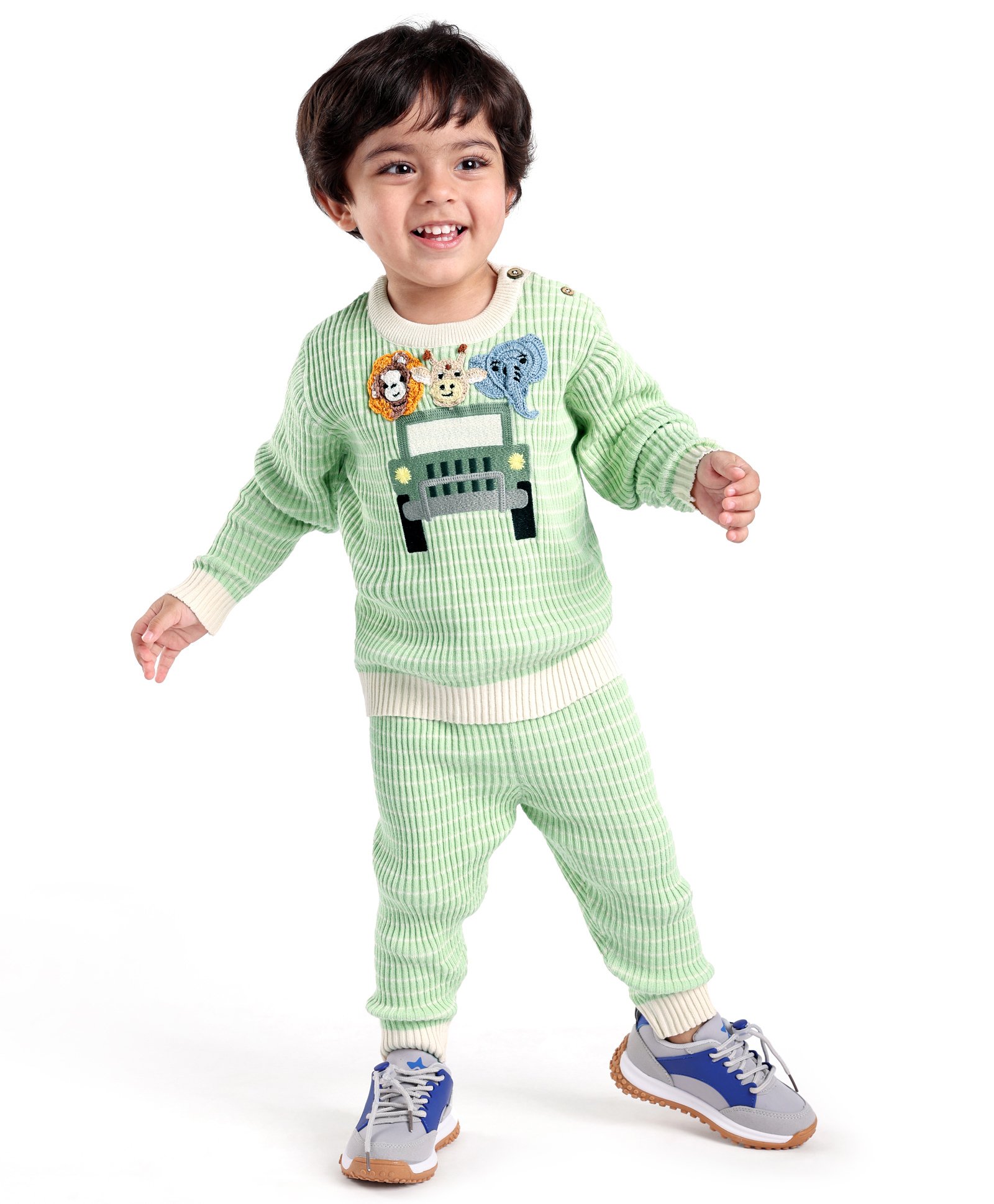 Babyoye 100% Cotton Knit Solid Dyed Full Sleeves Sweater Set with Car & Wild Animal Applique - Green-image-39