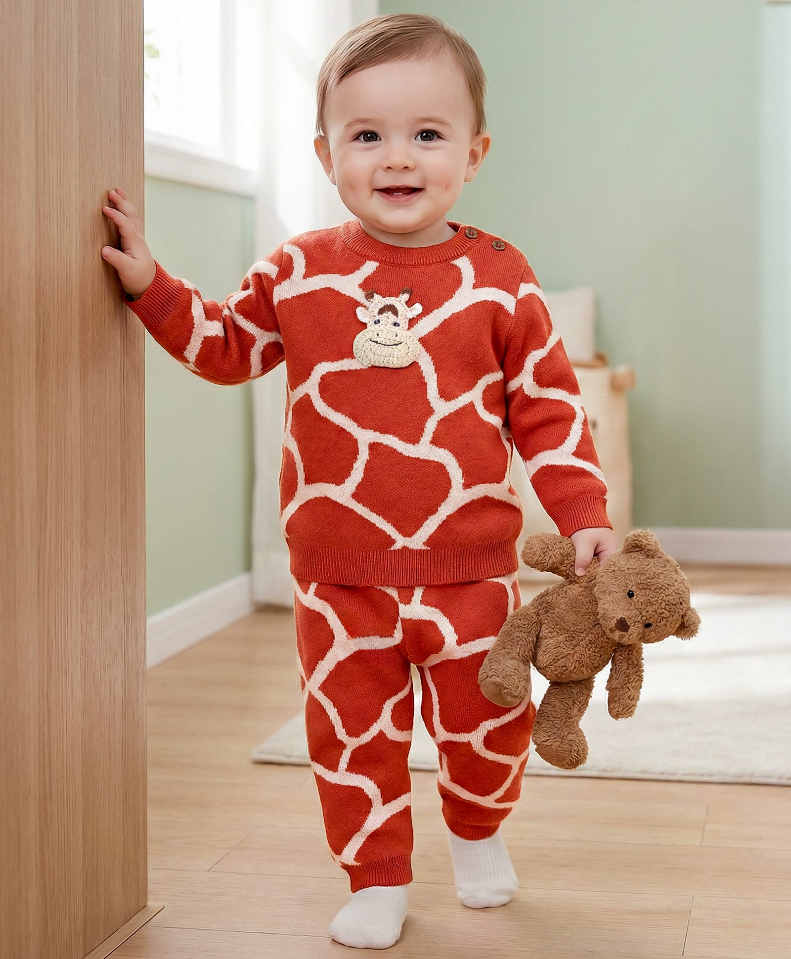 Babyoye  100% Cotton Solid Dyed Full Sleeves Giraffe Design Sweater Set - Brown-picture-37
