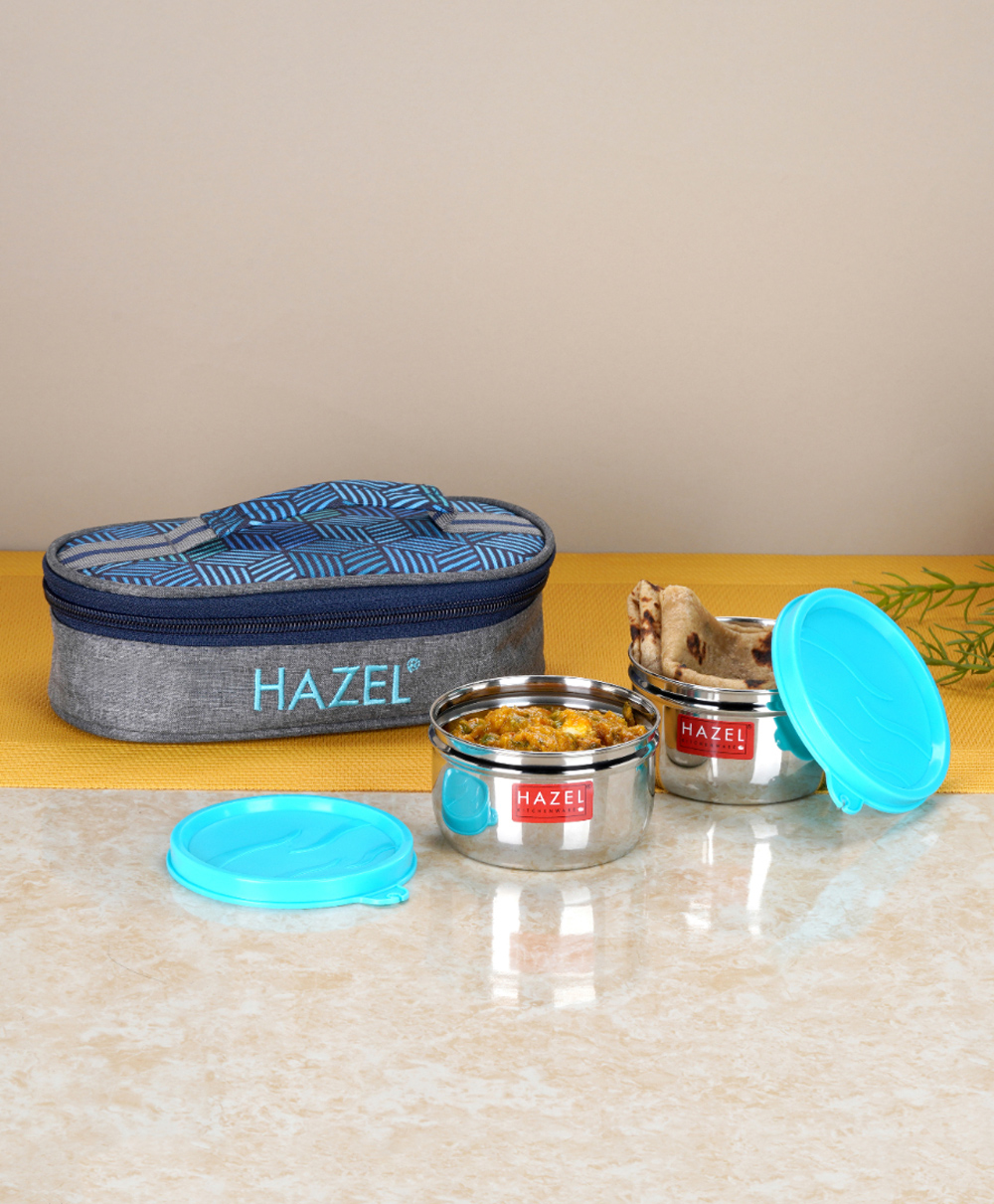 HAZEL Stainless Steel Air Tight Lunch Box with Lunch Box Bag Leak Proof 250 ML Set of 2 - Blue-picture-41