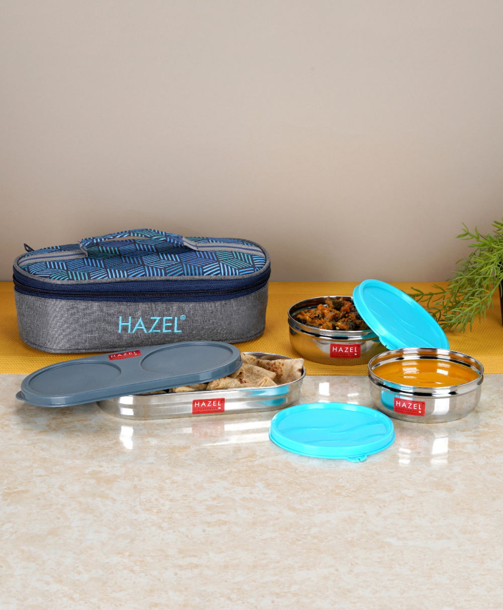 HAZEL Steel Tiffin Box with lunch bag Stainless Steel Tiffin Boxes for Lunch Box Set of 3 Leak Proof Lunch Box  - Blue-image-22
