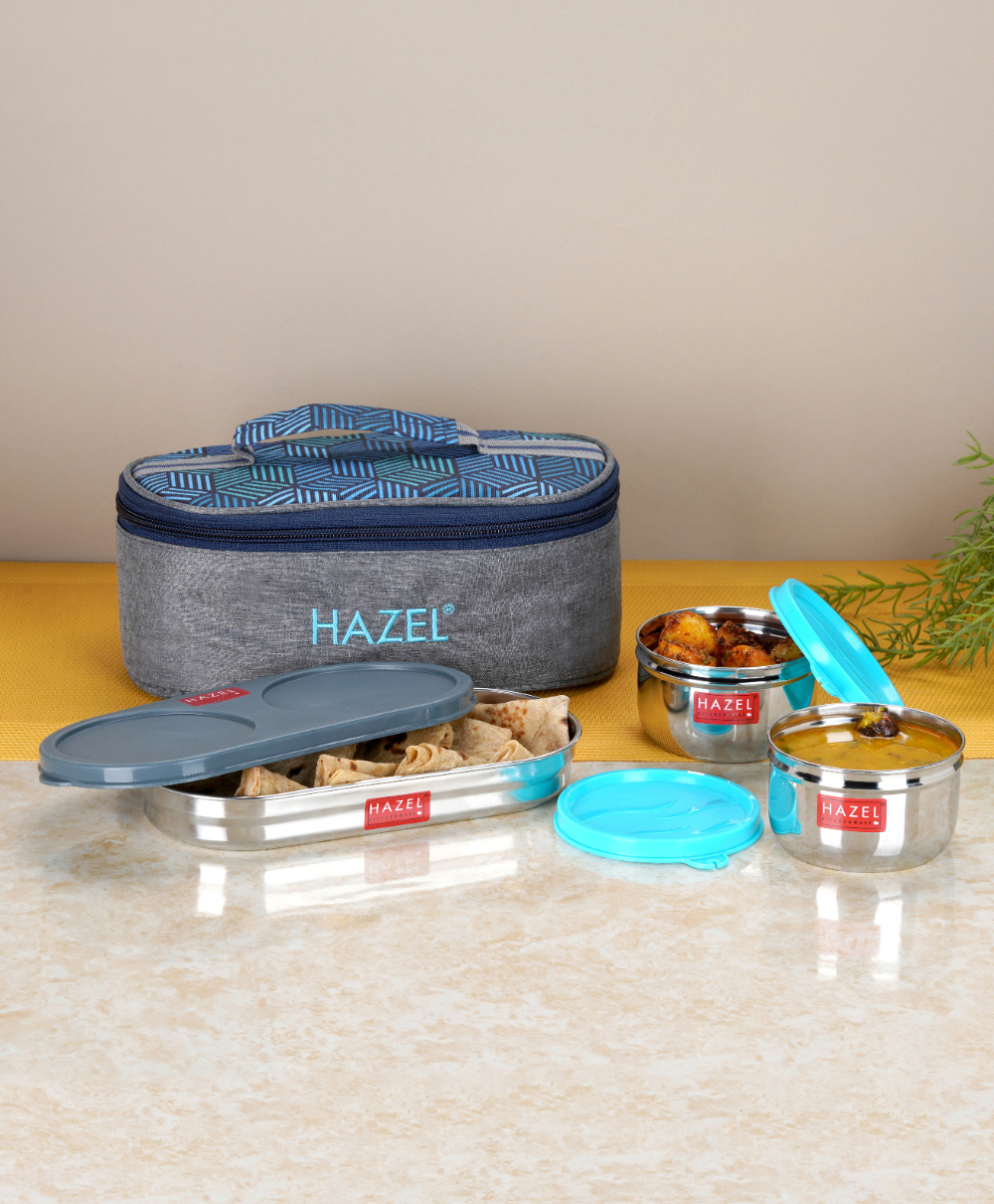 HAZEL Stainless Steel Air Tight Leak Proof Tiffin Boxes for Office Men & Women with Lunch Box Bag Set of 3 - Multicolor-image-27