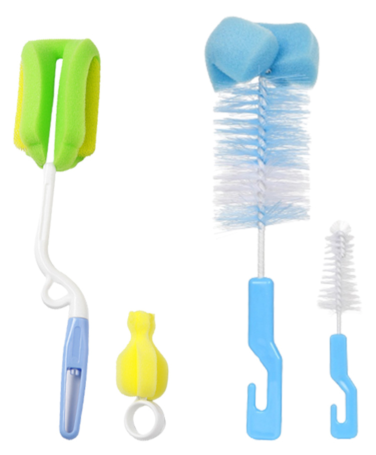 Chinmay Kids 4 Pcs Baby Milk Bottle Brush Nipple Straw Cleaner Sponge Flexible Handle & Bristles Brush Cleaner - Green & Blue-image-34