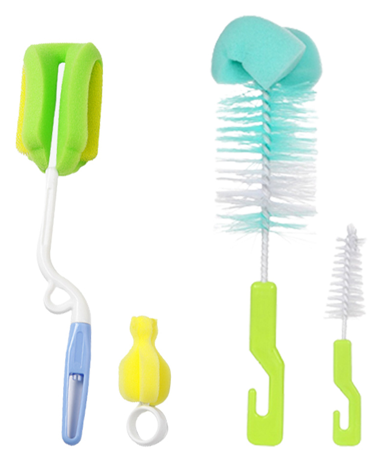 Chinmay Kids 4 Pcs Baby Milk Bottle Brush Nipple Straw Cleaner Sponge Flexible Handle & Bristles Brush Cleaner Multipurpose - Green and Blue-image-19