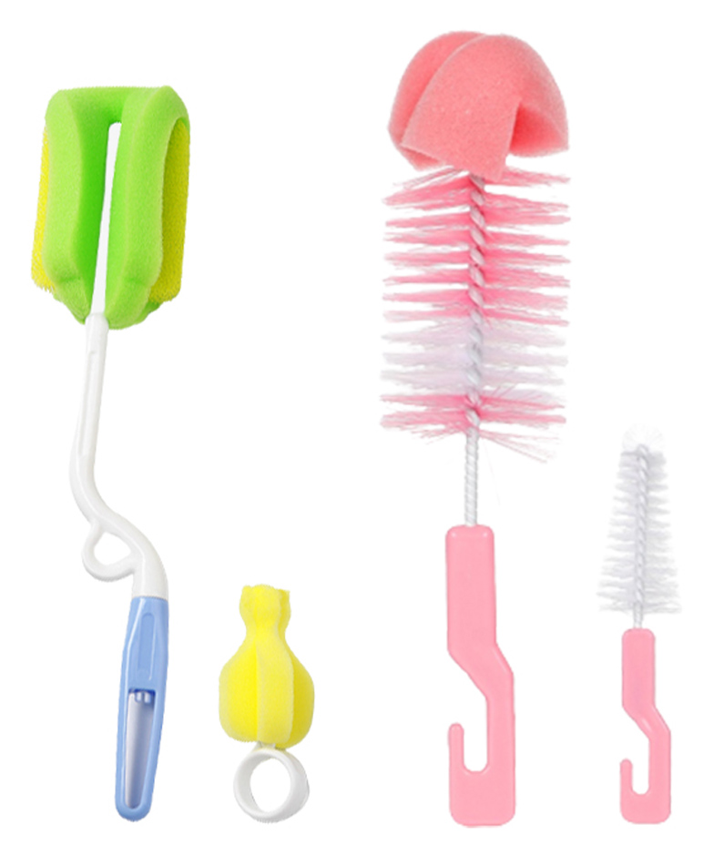 Chinmay Kids 4 Pcs Baby Milk Bottle Brush Nipple Straw Cleaner Sponge Flexible Handle & Bristles Brush Cleaner - Green & Pink-picture-11