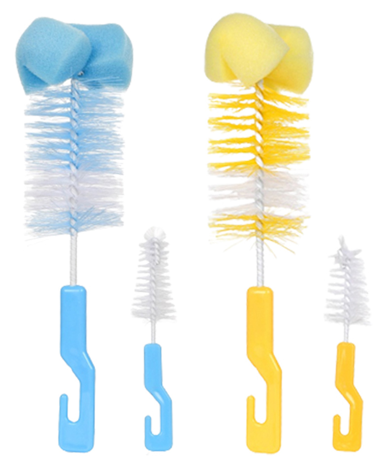 Chinmay Kids 4 Pcs Baby Milk Bottle Brush Nipple Straw Cleaner Sponge Flexible Handle & Bristles Brush Cleaner - Yellow & Blue-picture-21