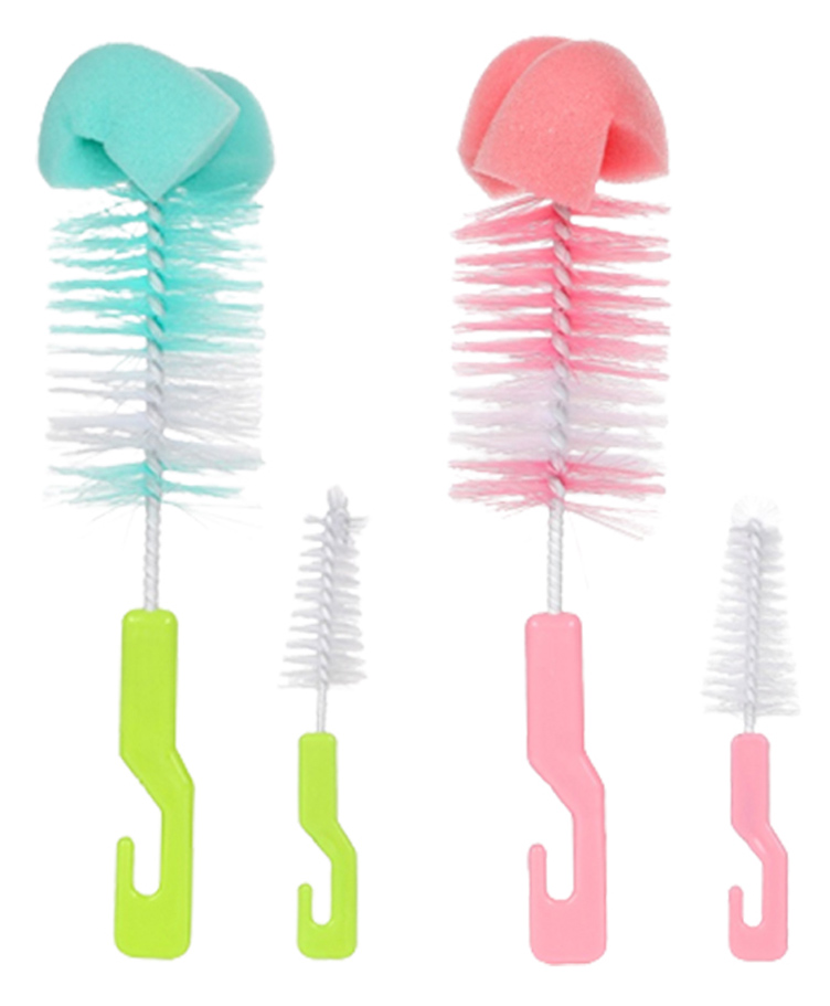 Chinmay Kids 4 Pcs Baby Milk Bottle Brush Nipple Straw Cleaner Sponge Flexible Handle & Bristles Brush Cleaner - Green & Pink-picture-10