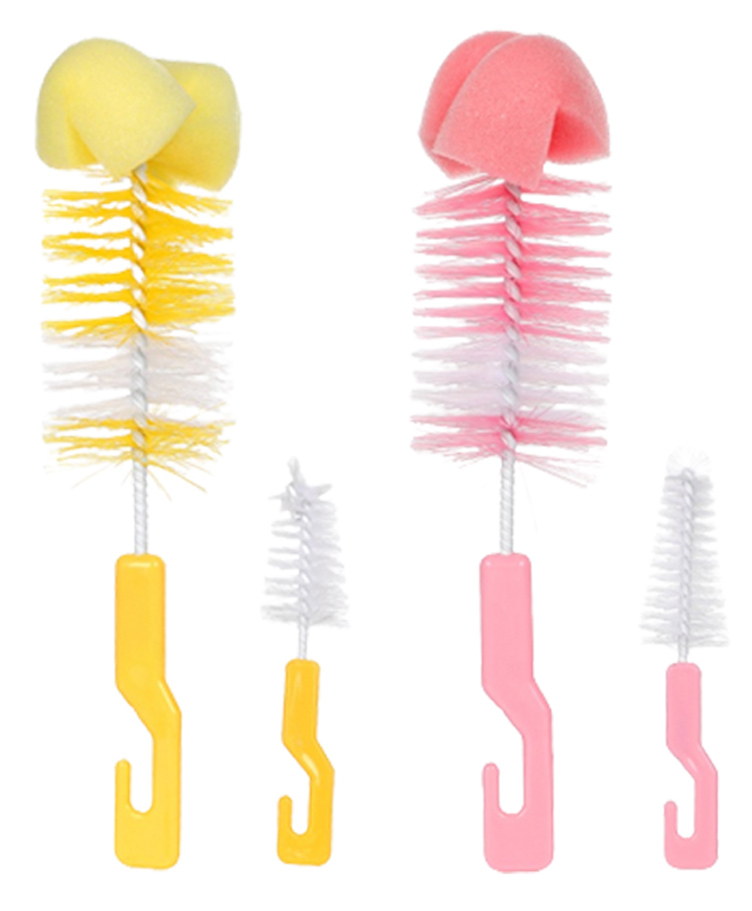 Chinmay Kids 4 Pcs Baby Milk Bottle Brush Nipple Straw Cleaner Sponge Flexible Handle & Bristles Brush Cleaner - Yellow & Pink-picture-20