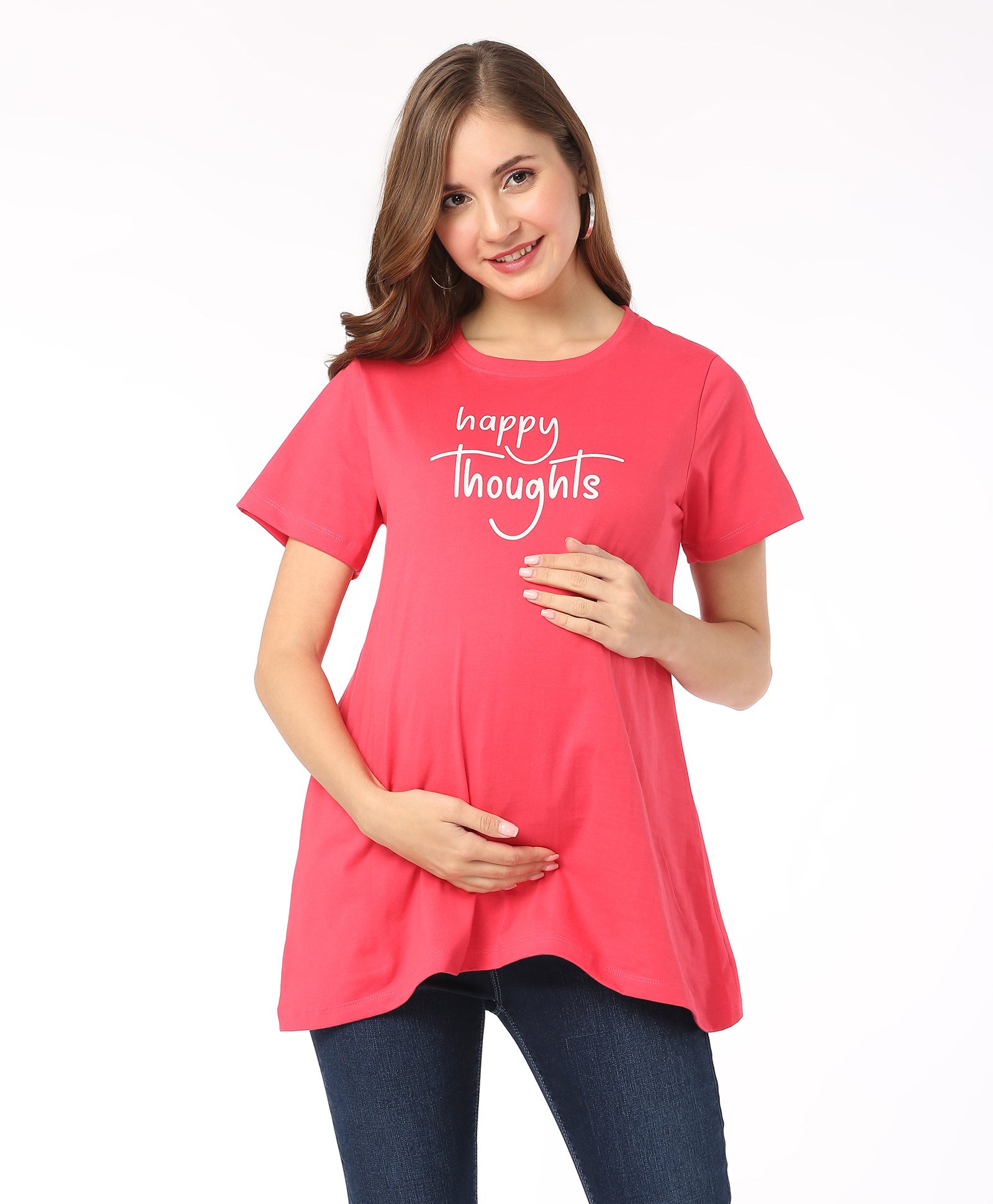 Bella Mama Cotton Half Sleeves Chest Printed Maternity Top - Fuchsia-image-44
