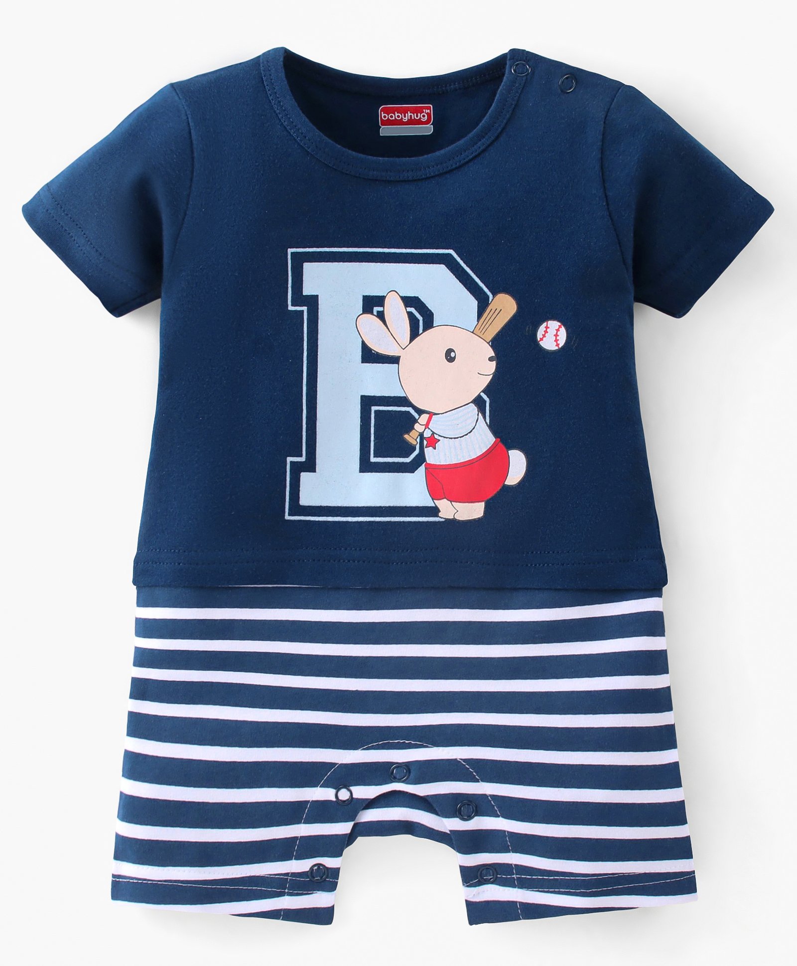 Babyhug 100% Cotton Knit Half Sleeves Striped Romper with Bunny Print - Navy Blue-picture-26