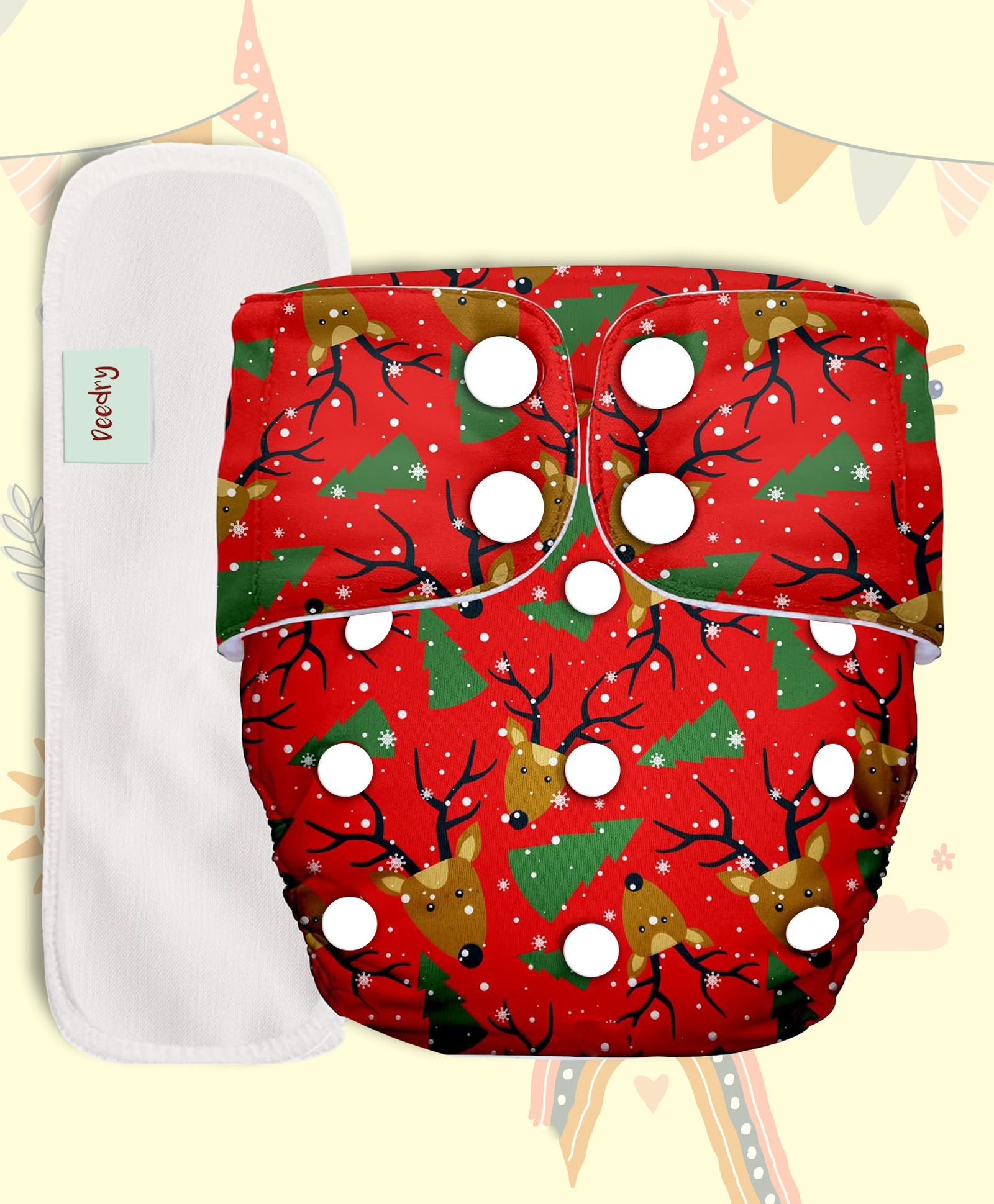Deedry Reusable Adjustable Cloth Diapers with Insert Dear Print - Red-image-38