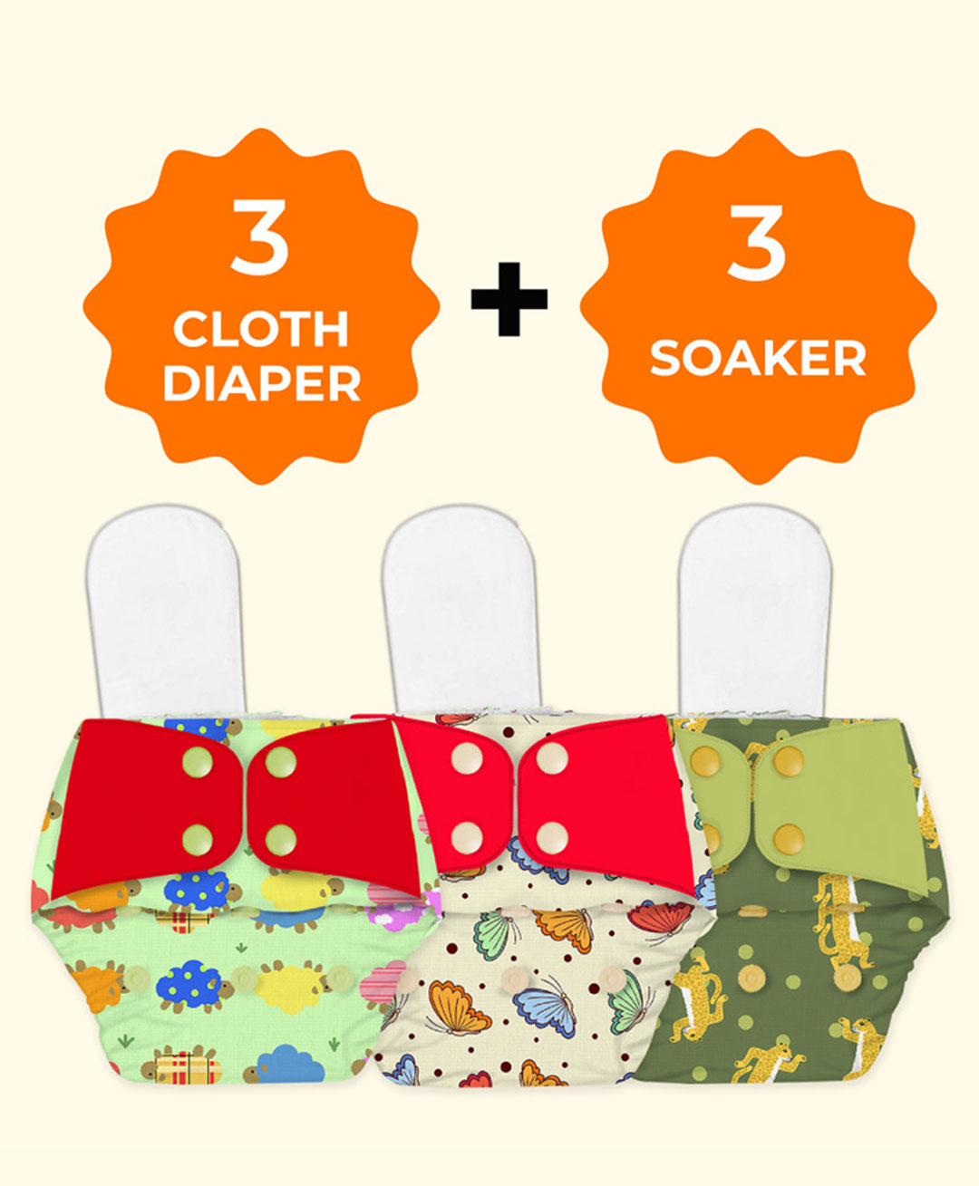 Snugkins Freesize Reusable Waterproof & Washable 3 Pocket Diapers & 3 Soakers - Multicolor-picture-0