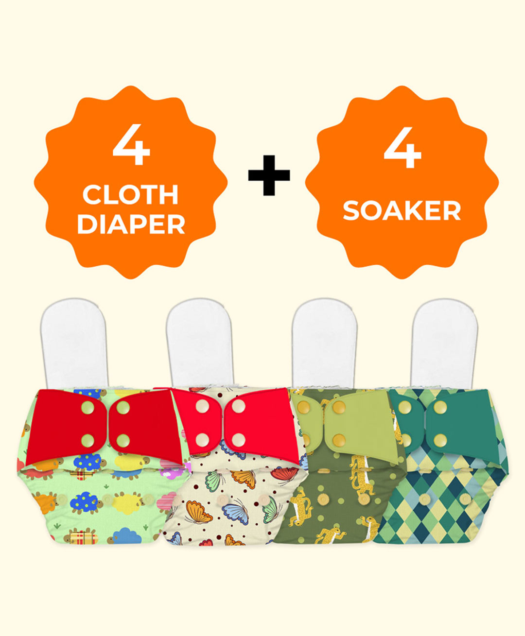 Snugkins Freesize Reusable Waterproof & Washable 4 Pocket Diapers & 4 Soakers - Multicolor-picture-2