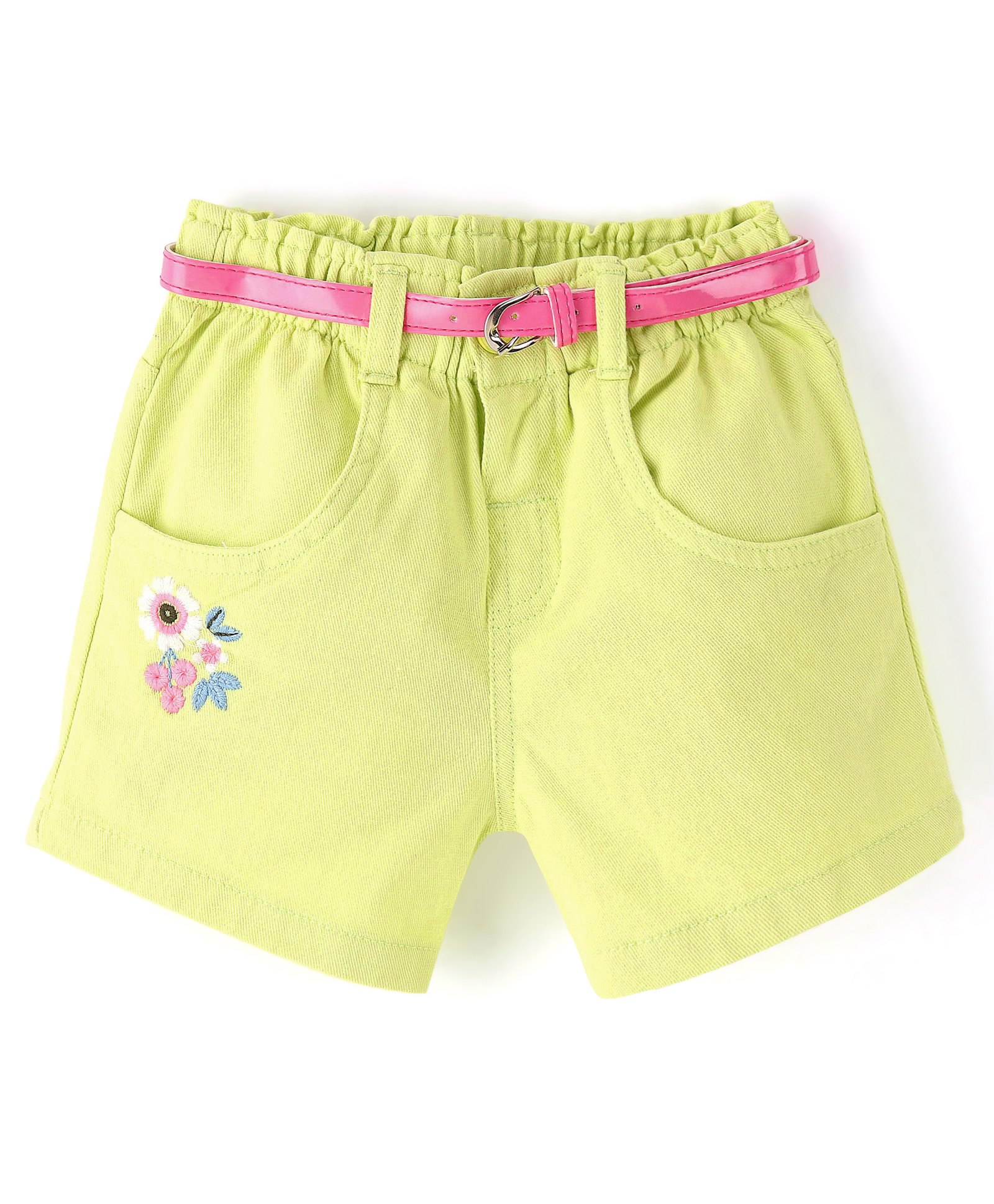 Babyhug Cotton Spandex Mid Thigh Stretchable Shorts with Floral Embroidery & Belt - Lime Green-picture-32