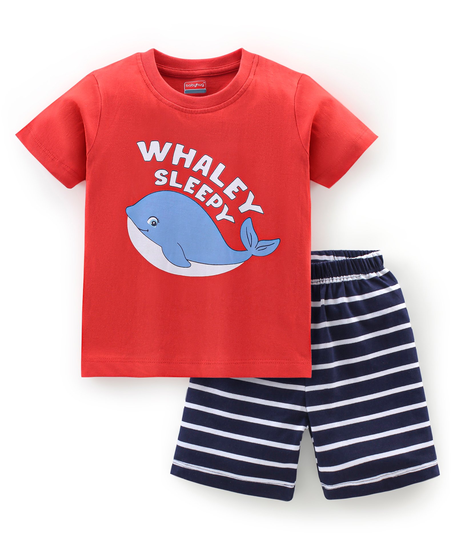 Babyhug Cotton Knit Half Sleeves Night Suit Stripes & Whale Print - Red & Navy-image-30