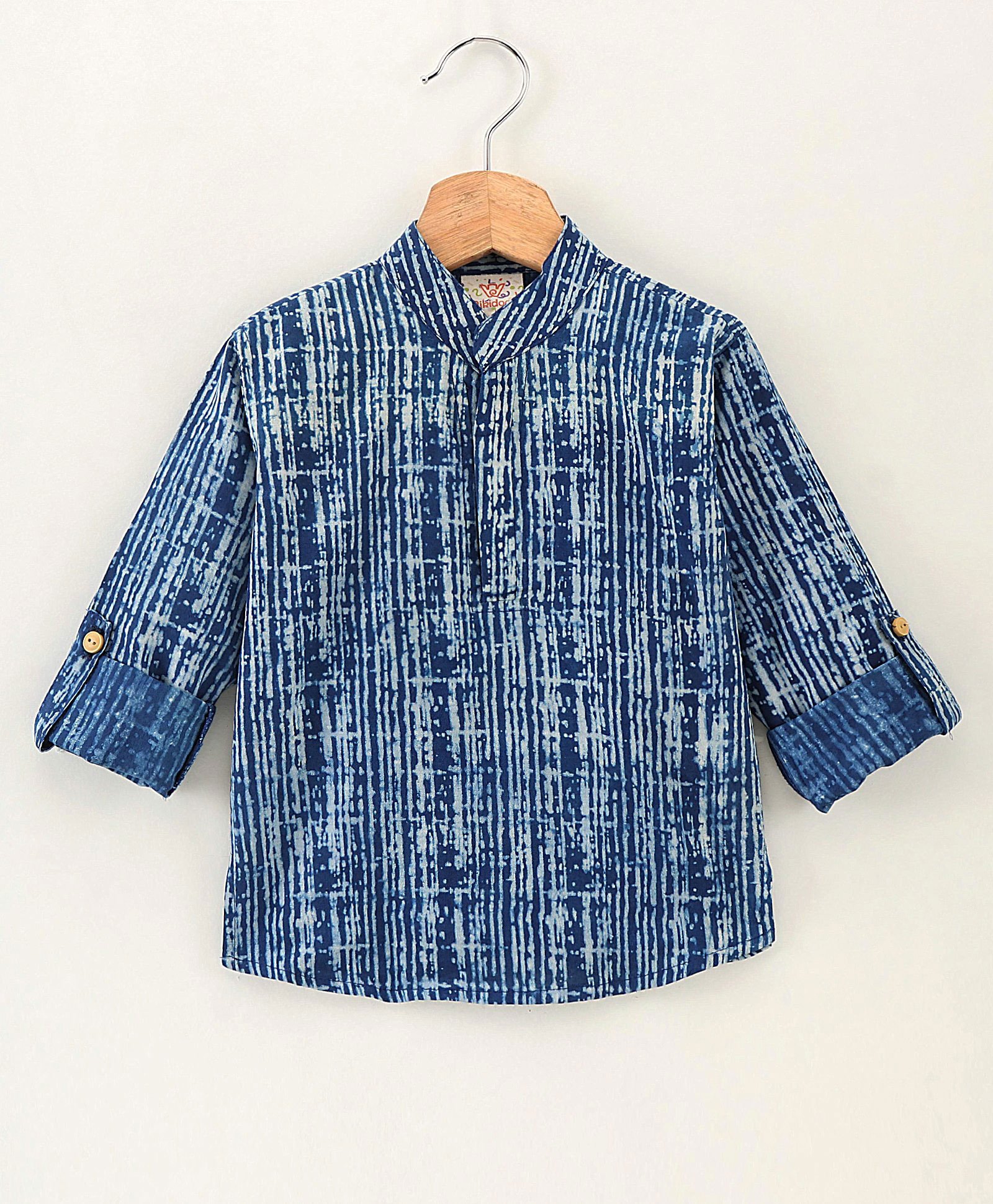 Rikidoos Full Sleeve Abstract Shibori Tie Dye Effect Kurta Style Shirt - Blue-image-14