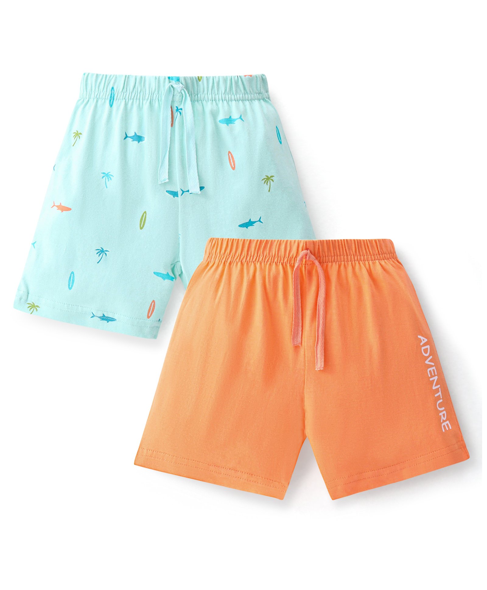 Babyhug Cotton Jersey Knitted Mid Thigh Length Shorts Fish and Text Print Pack of 2 - Orange & Blue-image-35